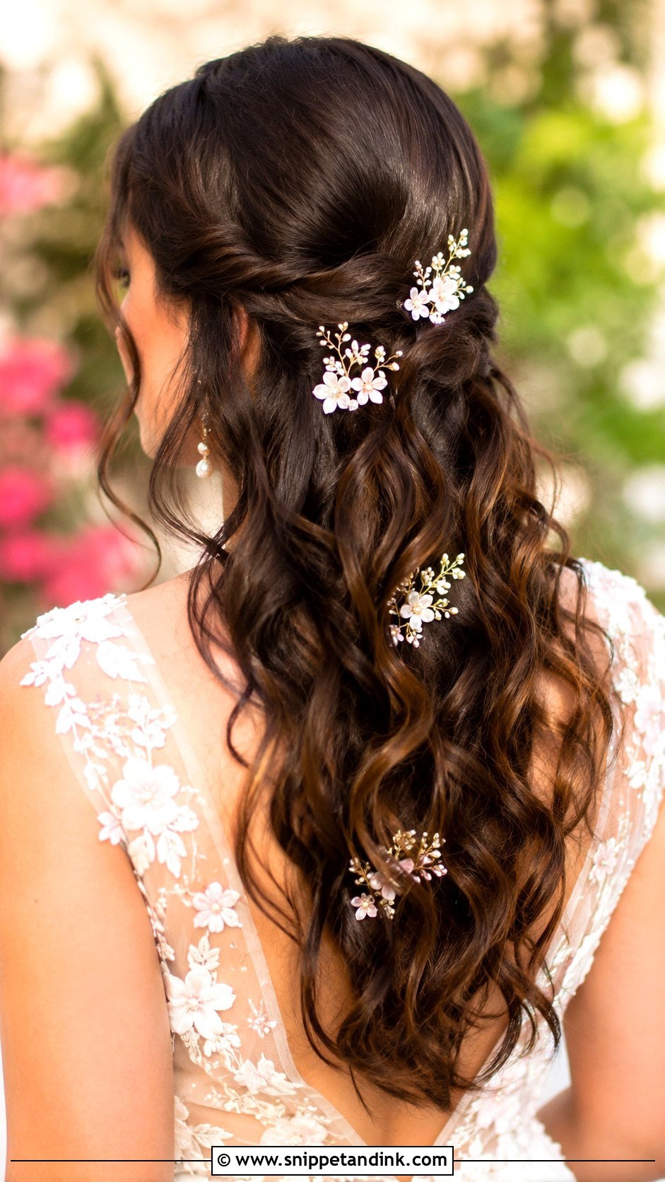 Wavy Hair with Floral Hairpins for Wedding - Snippet and Ink - 20 Hair Down for Wedding Ideas