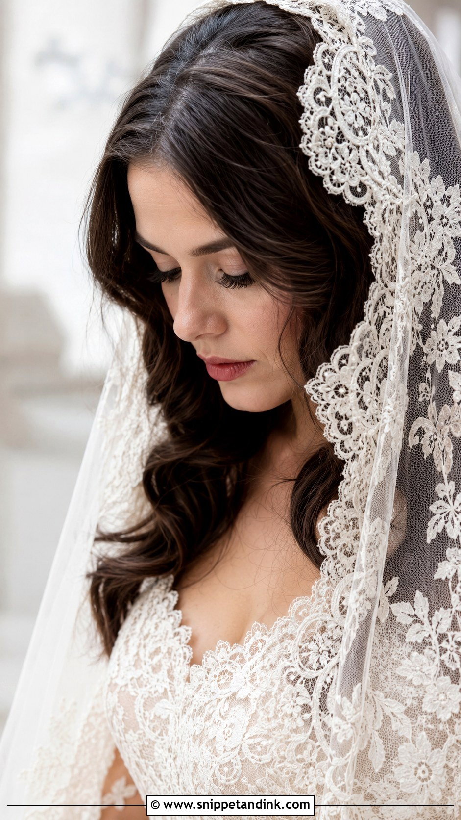 Wavy Hair with Lace Veil - Snippet and Ink - 35 Bridal Hair Down Ideas