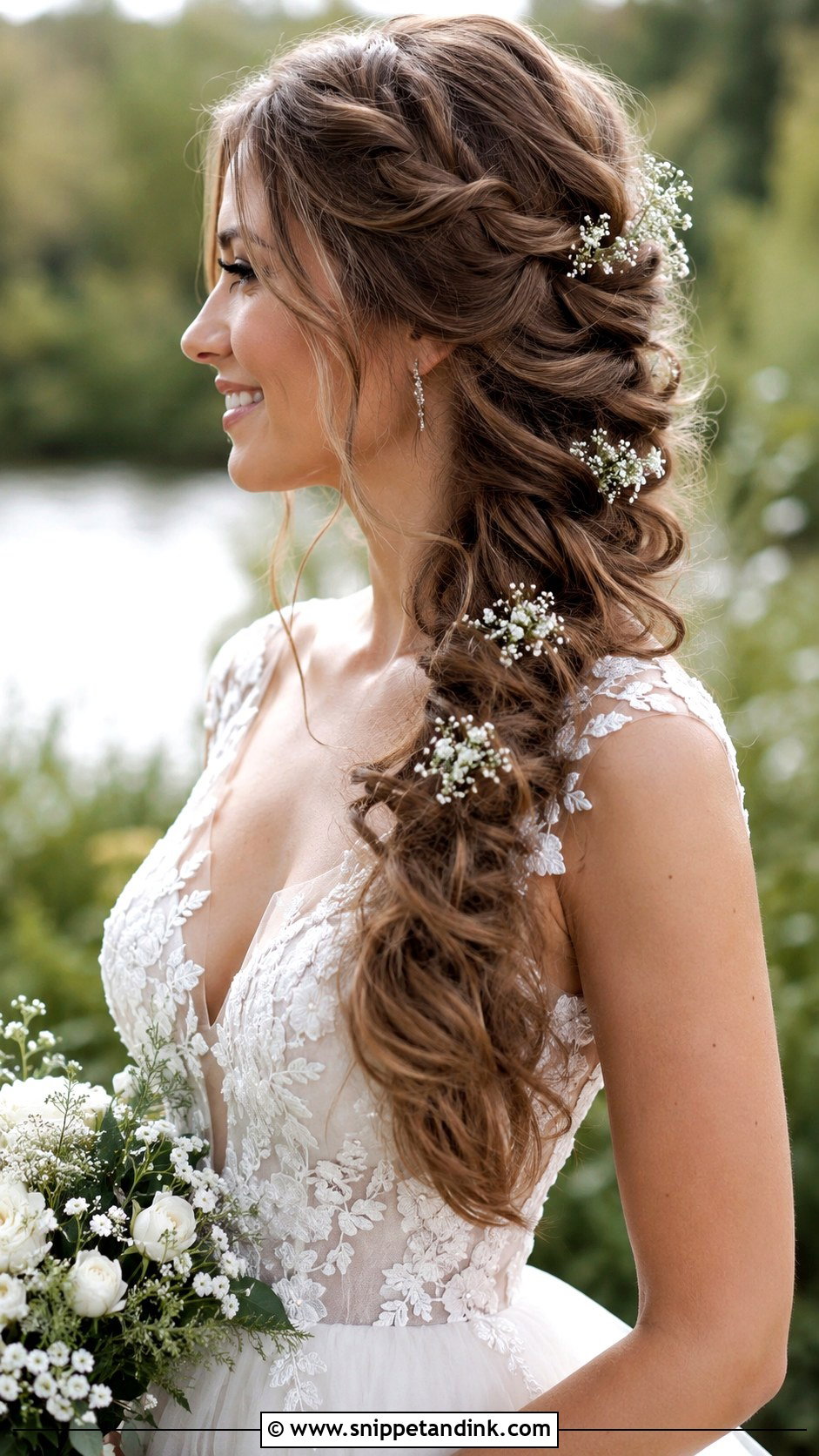 Wavy Hair with Side Braid - Snippet and Ink - 25 Wedding Hairstyles for Bride Down