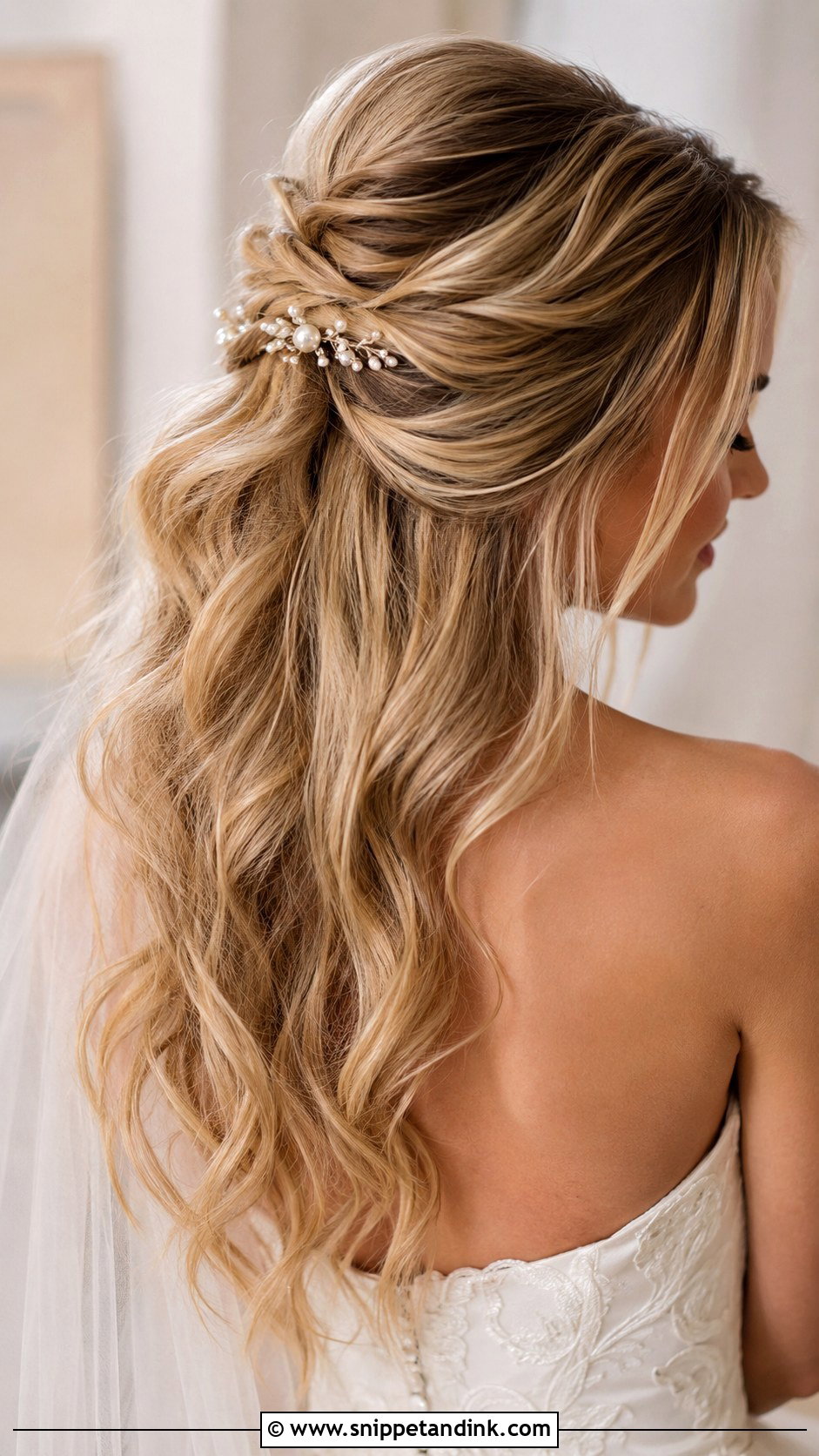 Wavy Half Up Half Down Wedding Hair With Pearls - Snippet and Ink - 15 Half-Up Half-Down Wedding Hair Pearls