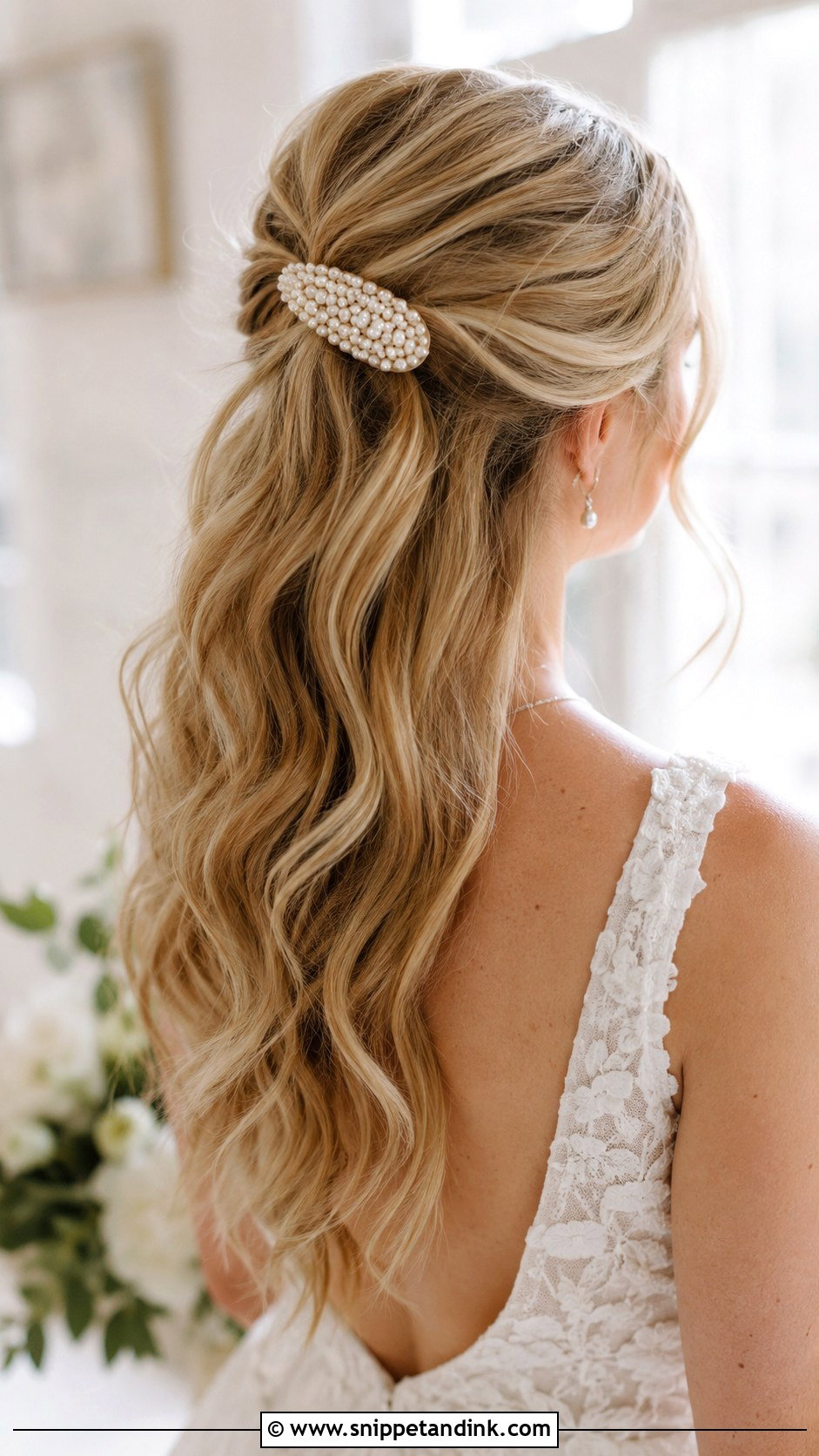 Wavy Half Up With Hair Clip - Snippet and Ink - 25 Easy Bridal Hairstyles