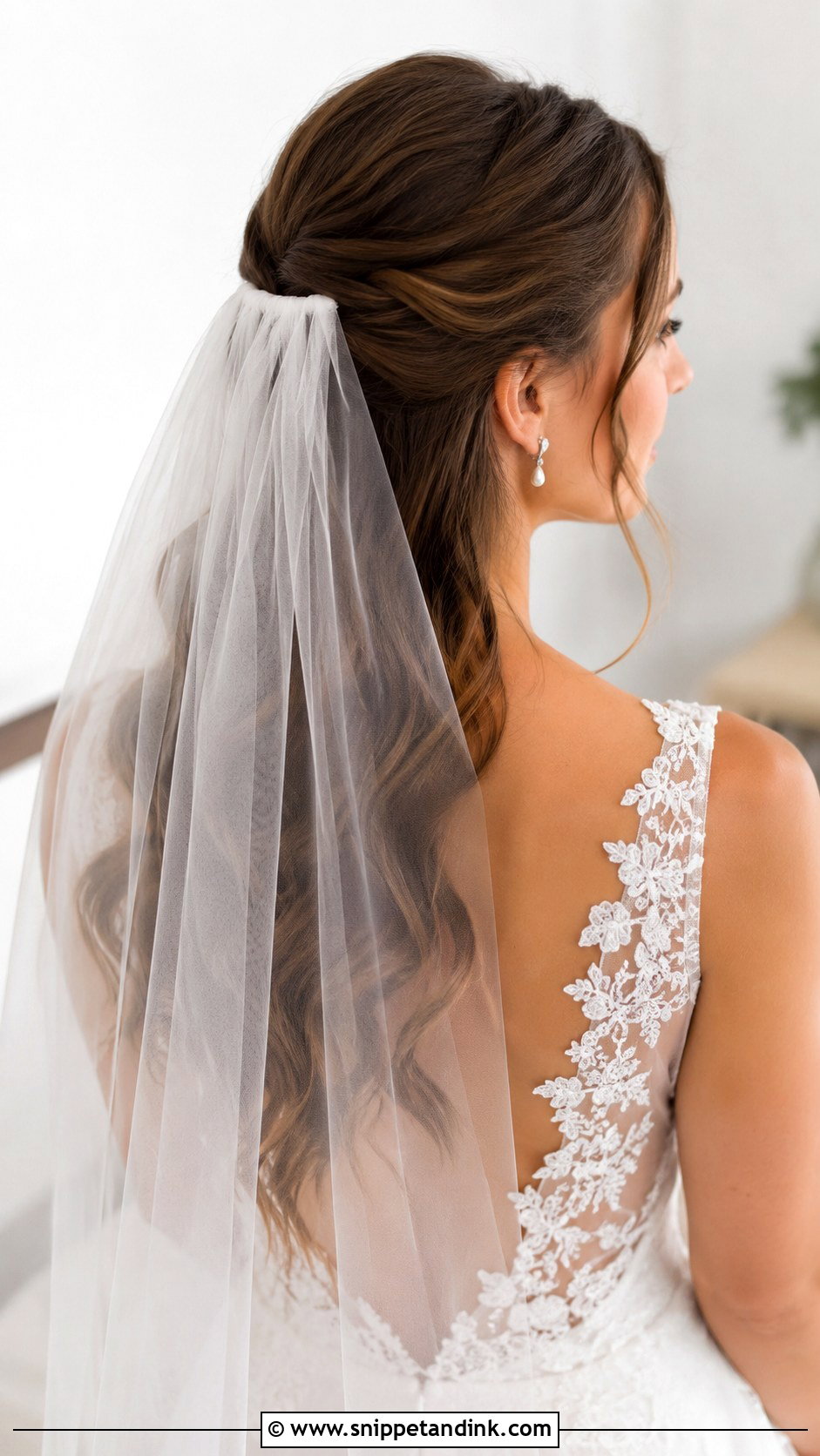 Wavy Half Up With Veil - Snippet and Ink - 20 Long Wavy Wedding Hair Ideas