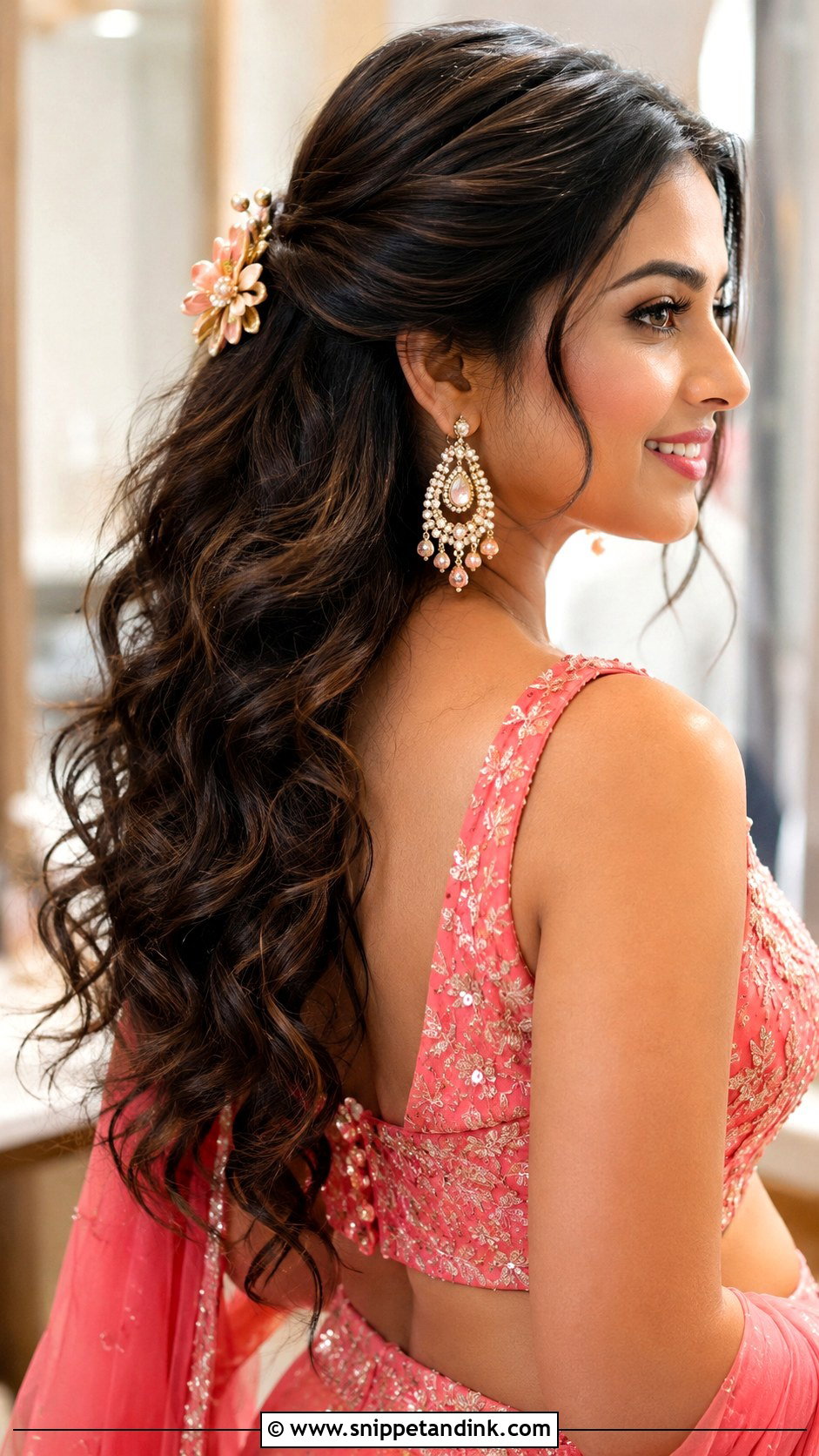 Wavy Half Updo With Flower Clip - Snippet and Ink - 20 Indian Wedding Hair Styles