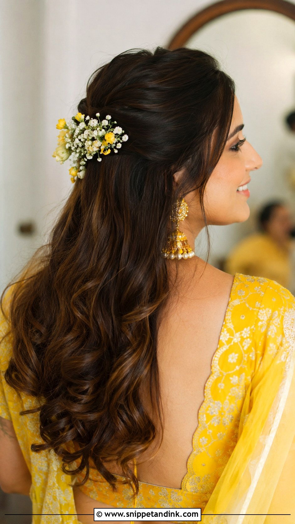 Wavy Half Updo With Flowers - Snippet and Ink - 20 Hair Do for Indian Wedding Ideas