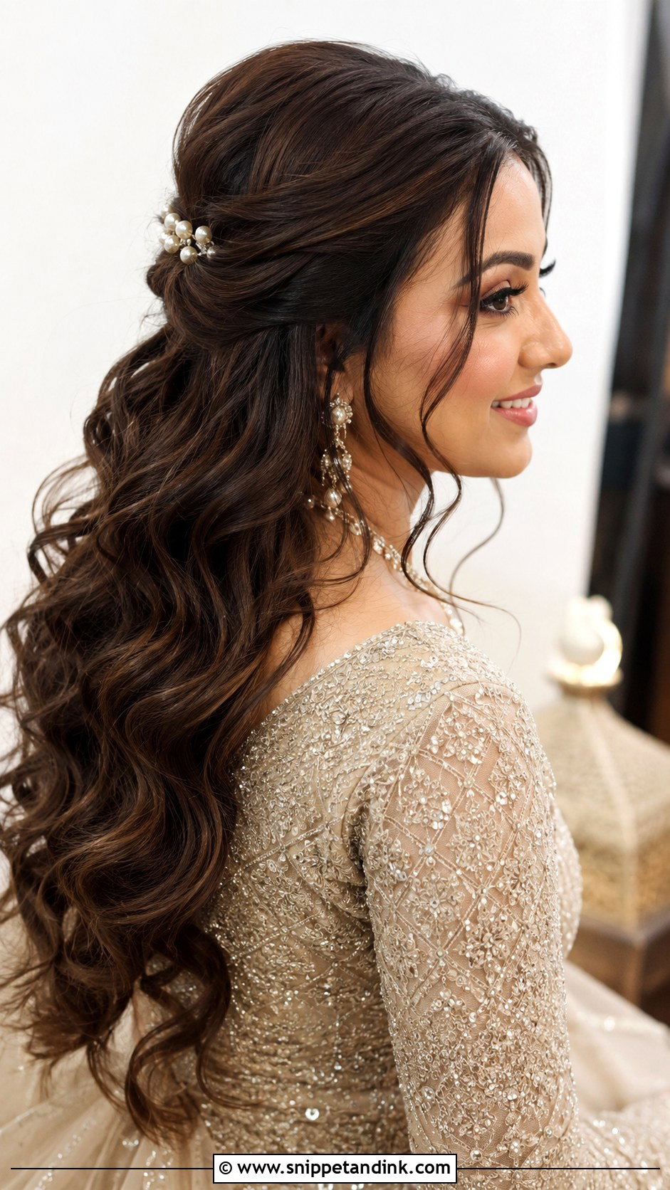 Wavy Half Updo with Pearls - Snippet and Ink - 25 Indian Wedding Hairstyles for Bride