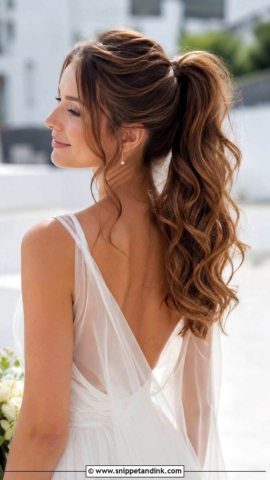 Wavy High Ponytail With Face Framing Pieces - Snippet and Ink - 25 High Ponytail Wedding Hair Ideas