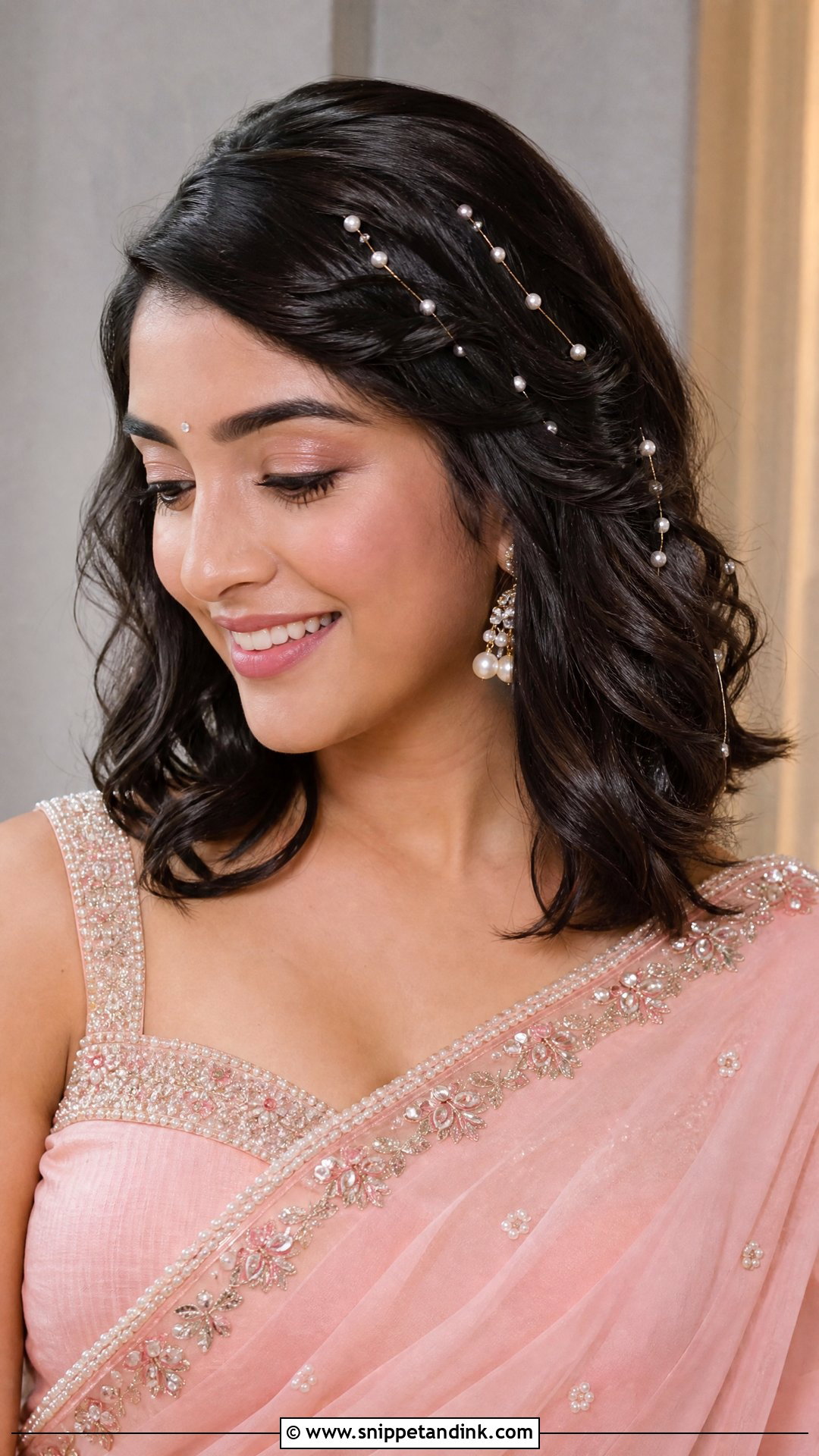 Wavy Lob With Pearl Accents - Snippet and Ink - 20 South Indian Wedding Hairstyles for Short Hair