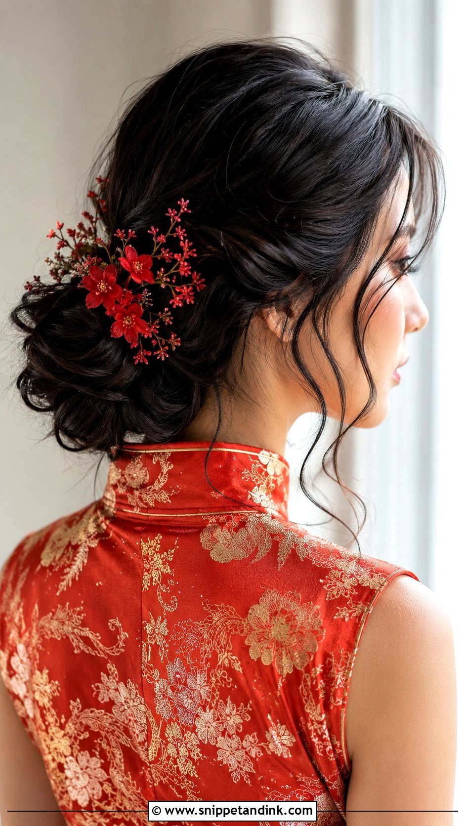 Wavy Low Bun With Red Florals - Snippet and Ink - 20 Sangjit Hairstyle Ideas