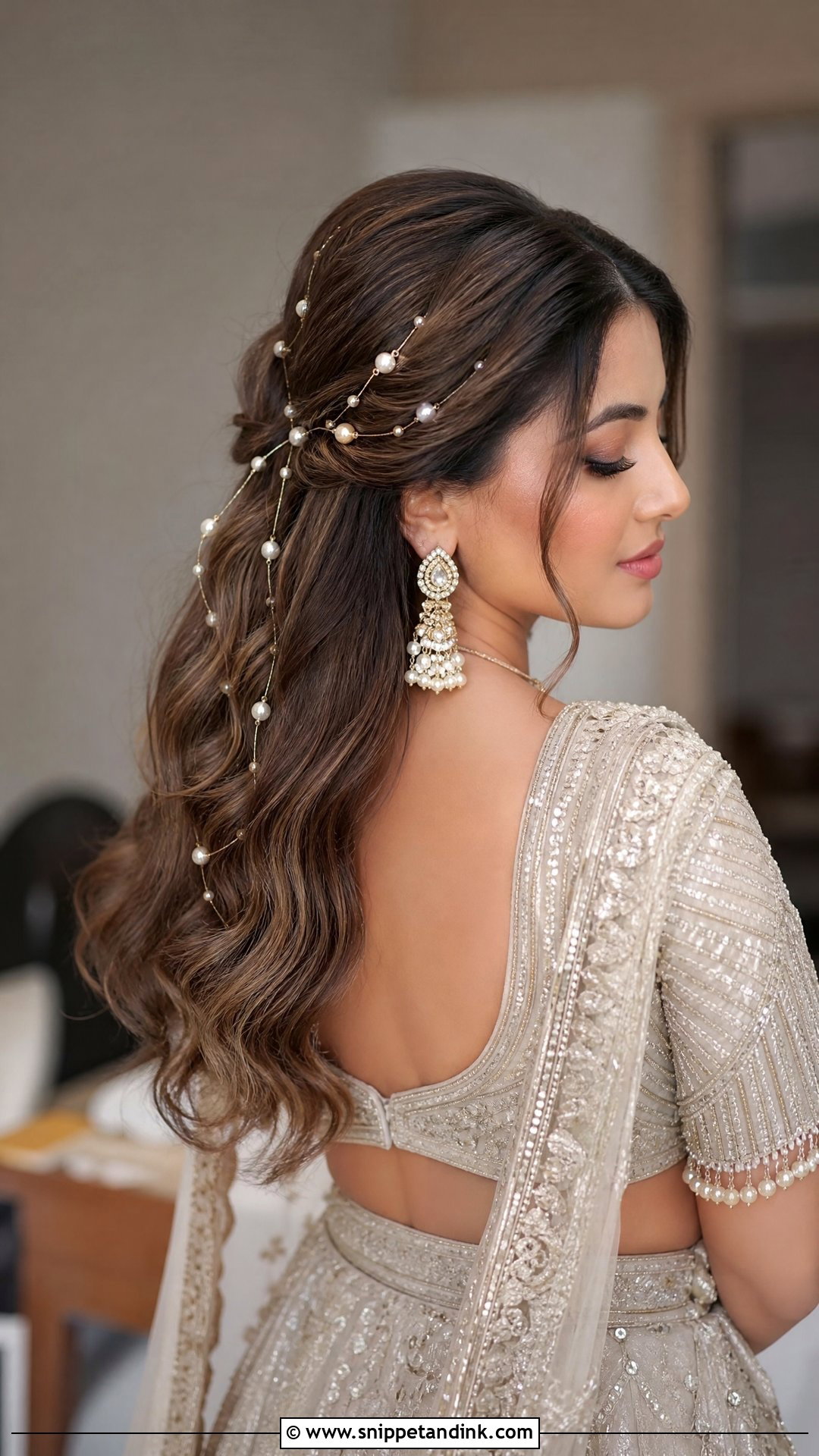 Wavy Open Hair With Pearl Accents - Snippet and Ink - 20 Desi Bridal Hairstyles