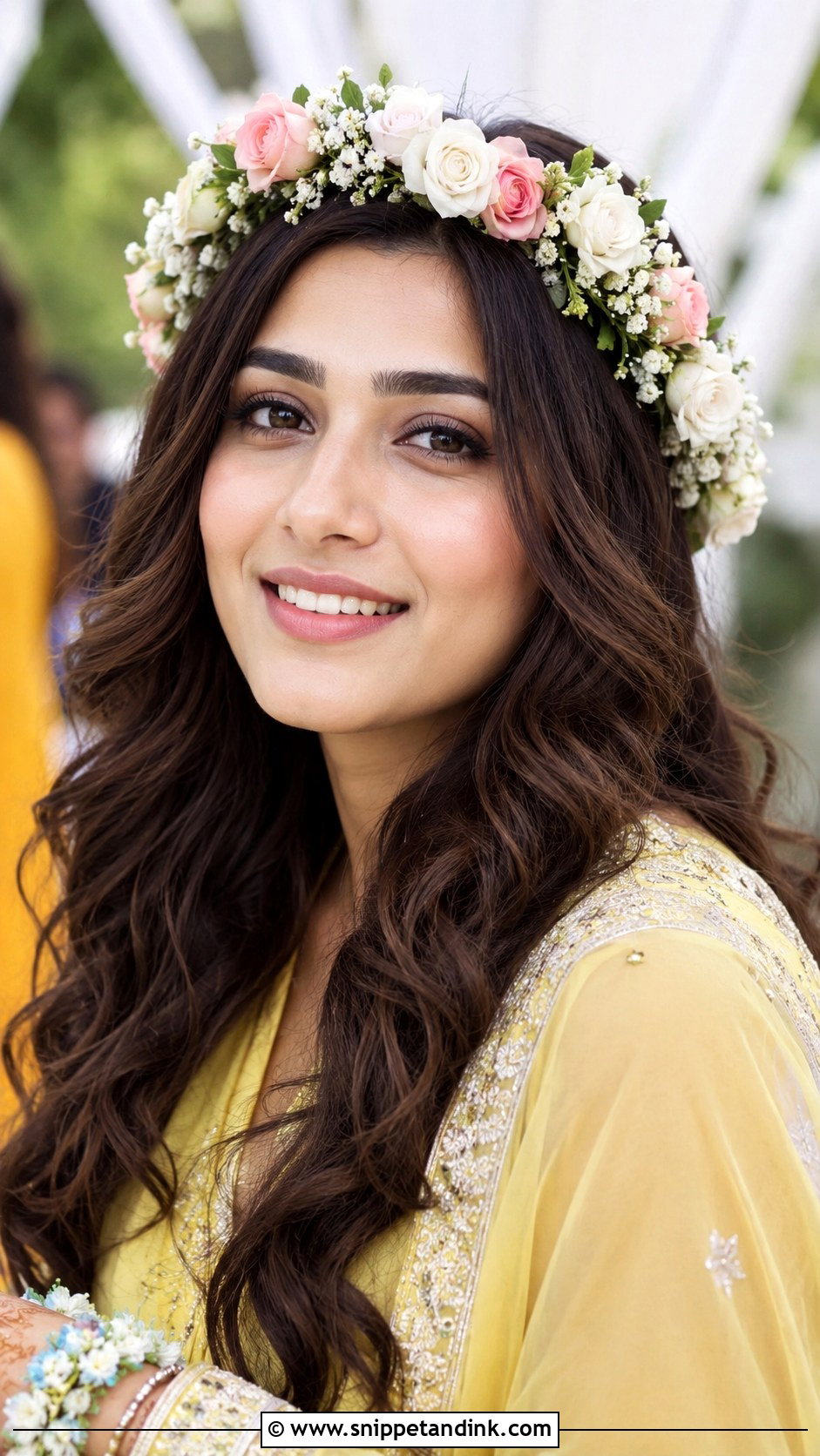 Wavy Open Hair with Floral Crown - Snippet and Ink - 30 Mehndi Hairstyles for Bride