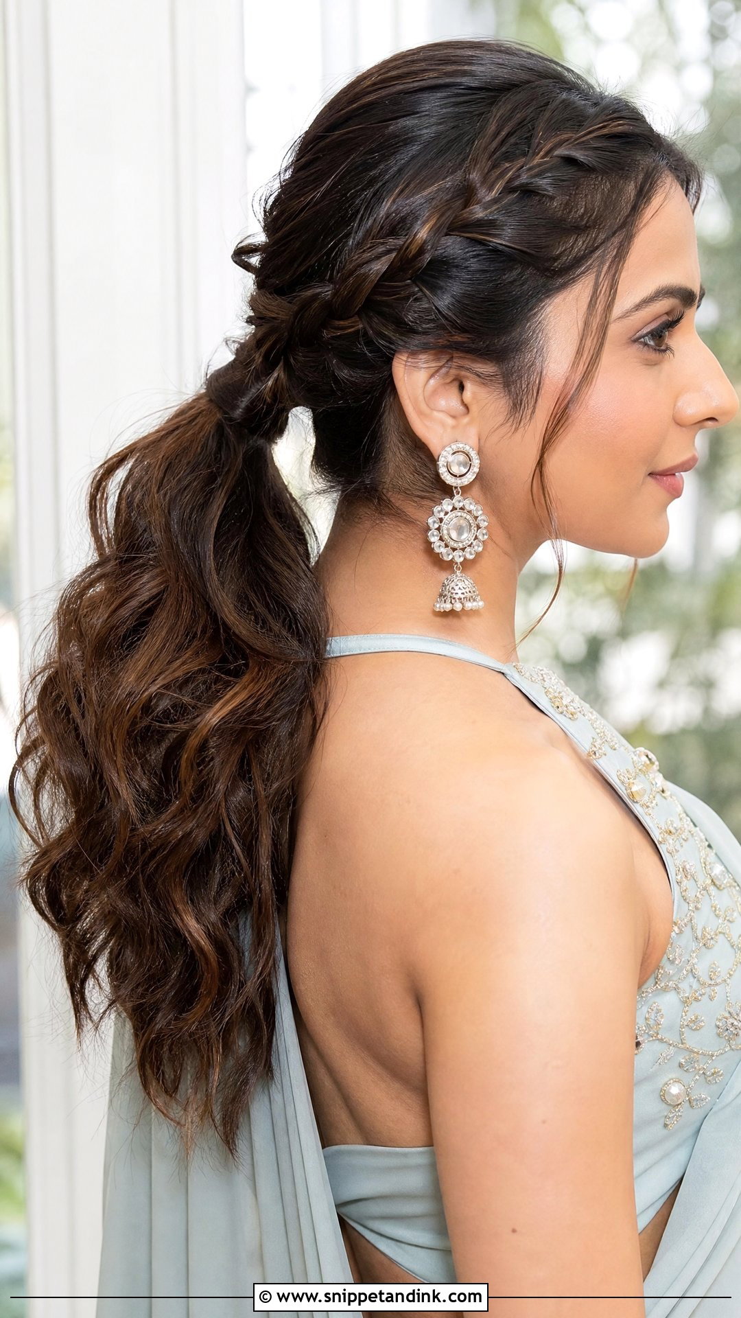 Wavy Ponytail With Side Braid - Snippet and Ink - 20 Indian Hairstyles for Wedding Guest