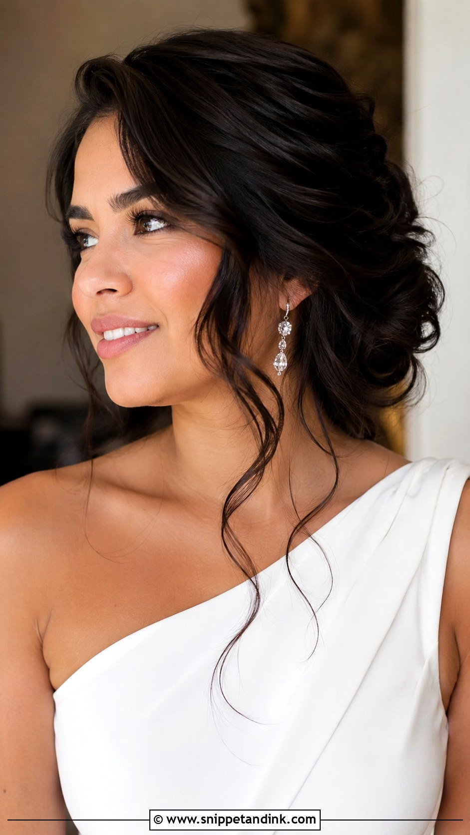 Wavy Side Bun with Cascading Tendrils - Snippet and Ink - 25 Wavy Bridal Hair Ideas