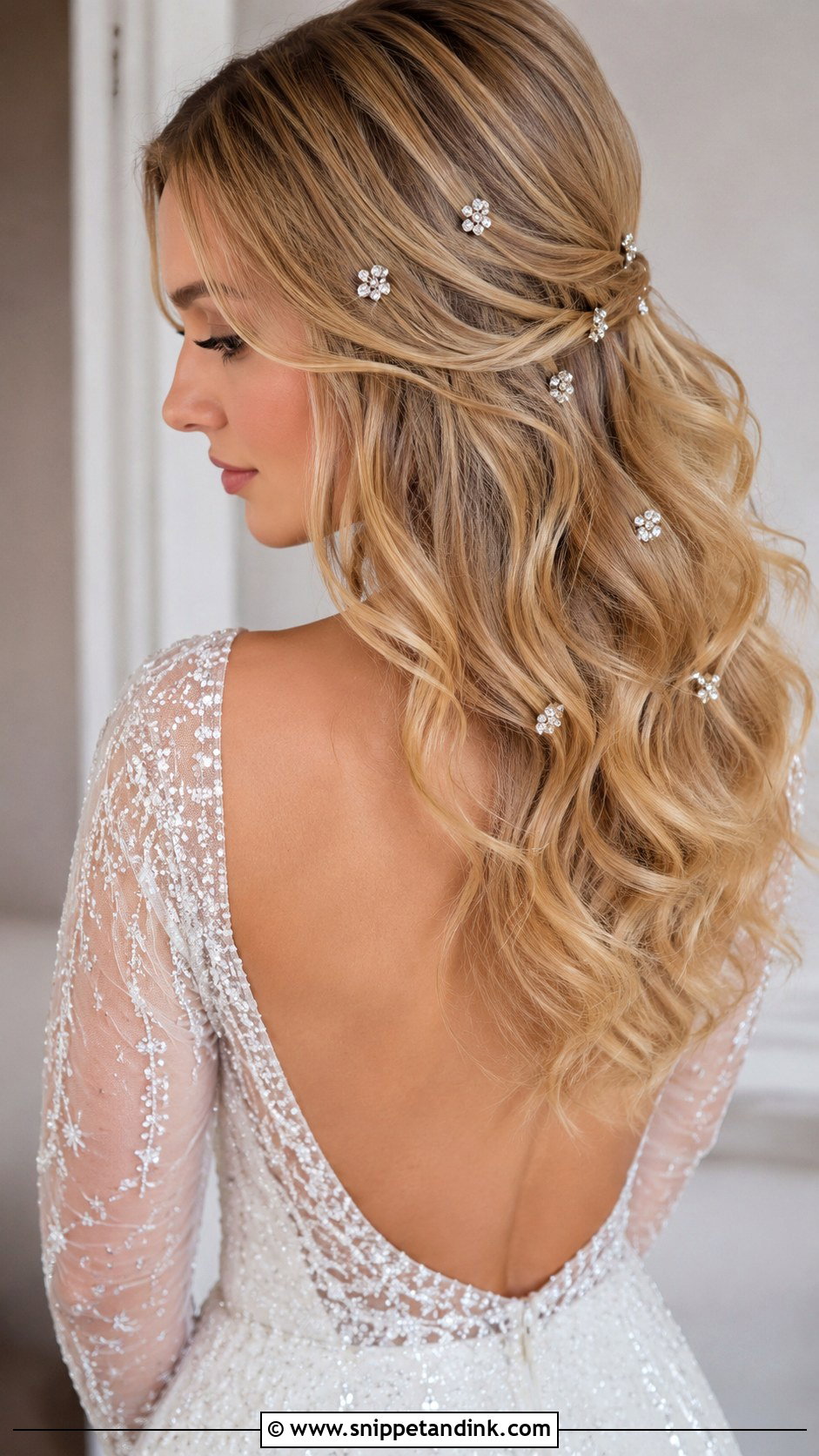 Wavy Wedding Hair With Crystal Pins - Snippet and Ink - 25 Wavy Wedding Hair Ideas