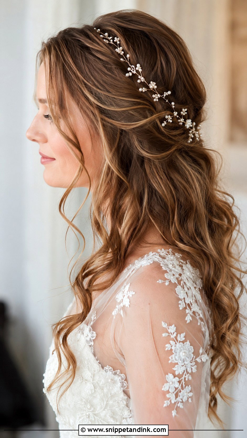 Wavy Wedding Hair with Hair Vine - Snippet and Ink - 20 Medium Length Wedding Hair Down Ideas