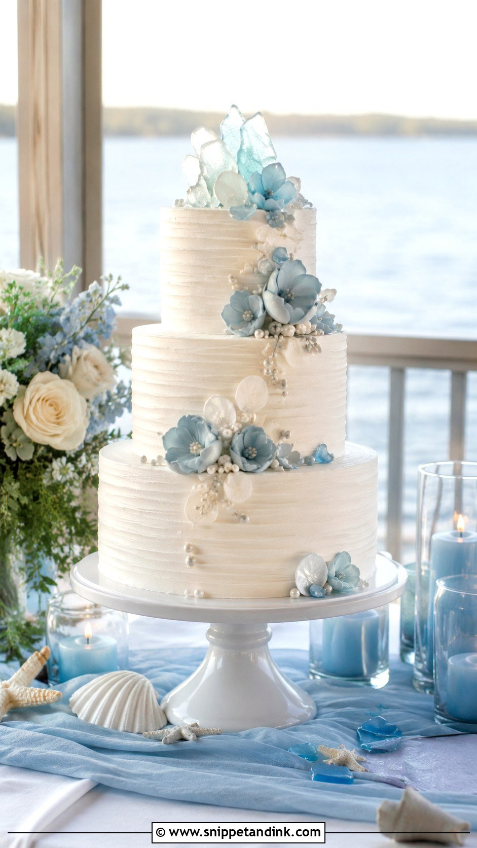 Wedding Cake Table With Coastal Decor - Snippet and Ink - 20 How to Decorate a Wedding Cake Table