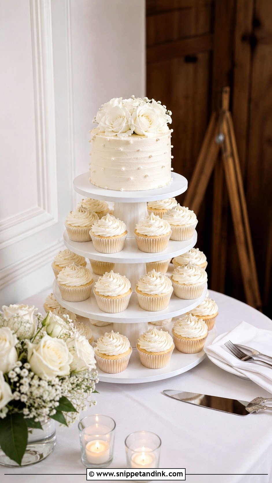 Wedding Cake Table With Cupcake Tower - Snippet and Ink - 20 Wedding Cake Table Ideas with Cupcakes