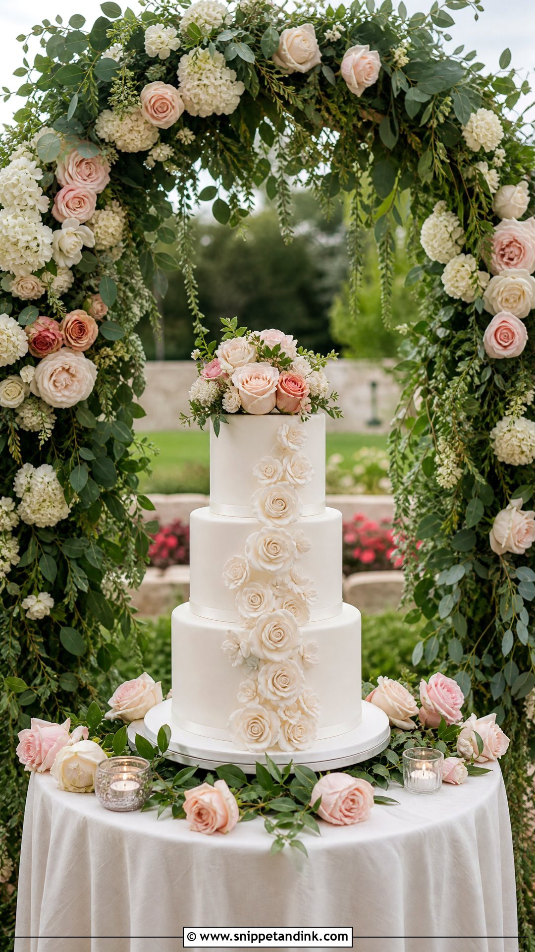 Wedding Cake Table With Floral Arch - Snippet and Ink - 20 Wedding Cake Table Ideas
