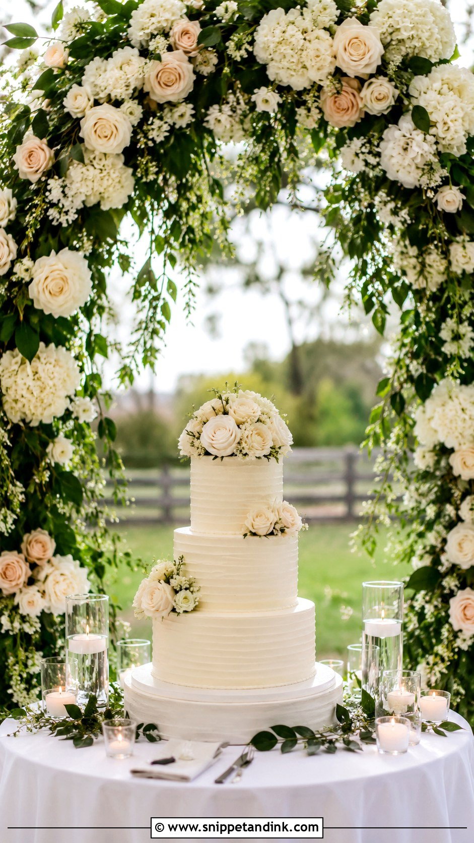 Wedding Cake Table With Floral Arch - Snippet and Ink - 20 How to Decorate a Wedding Cake Table