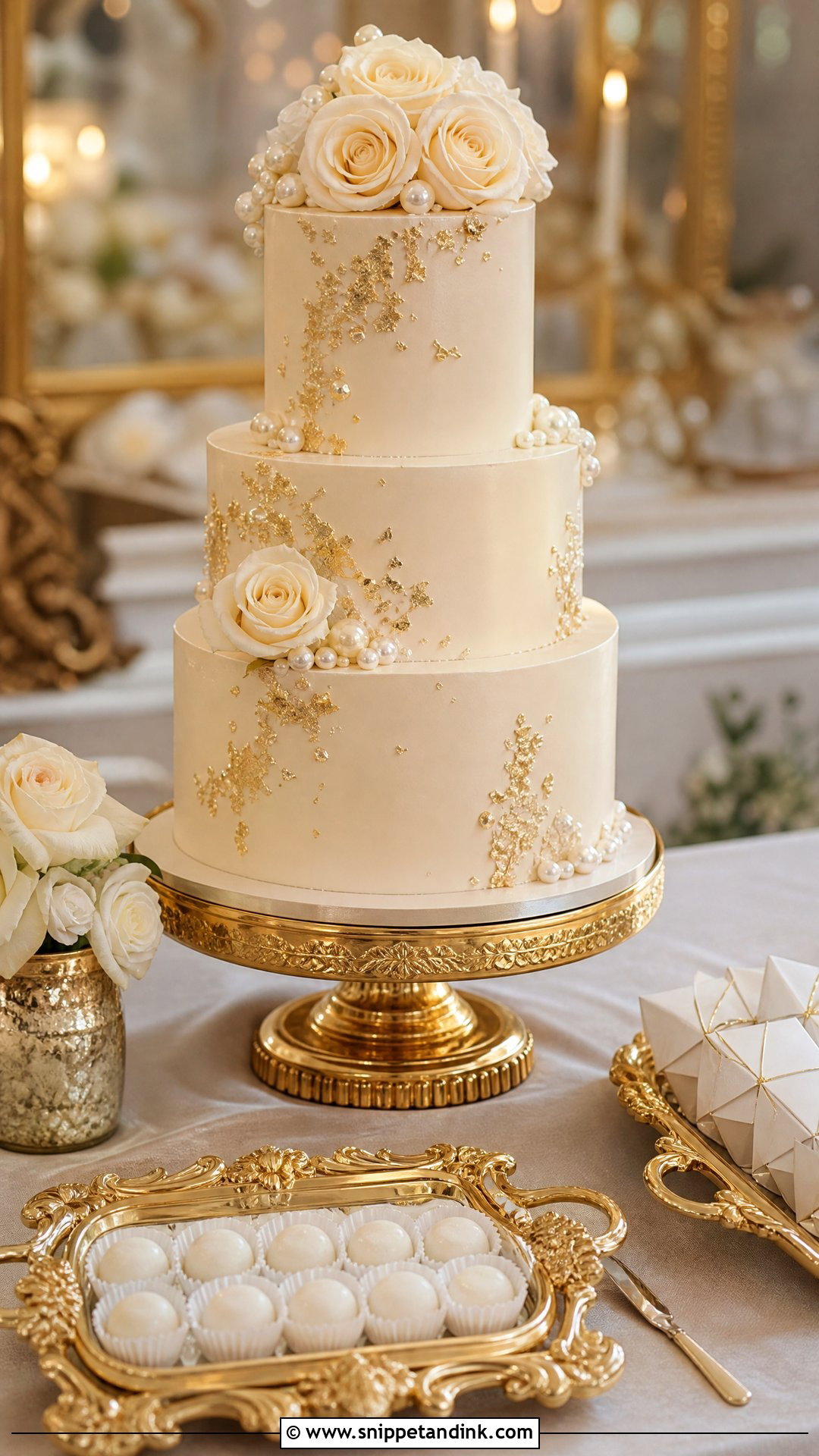 Wedding Cake Table With Gold Accents - Snippet and Ink - 20 Wedding Cake Table Ideas