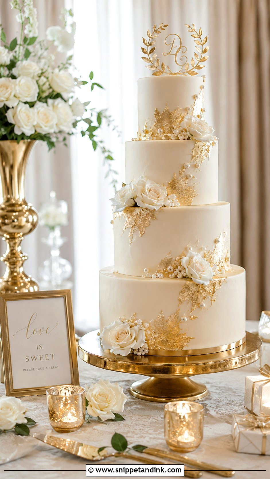 Wedding Cake Table With Gold Accents - Snippet and Ink - 20 How to Decorate a Wedding Cake Table