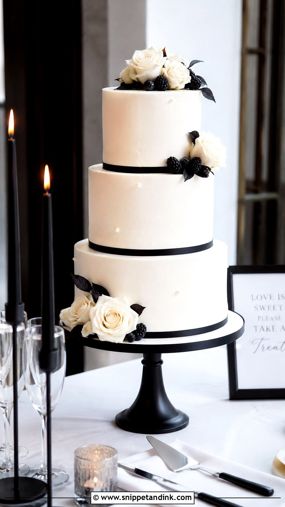 Wedding Cake Table With Modern Black Details - Snippet and Ink - 20 How to Decorate a Wedding Cake Table