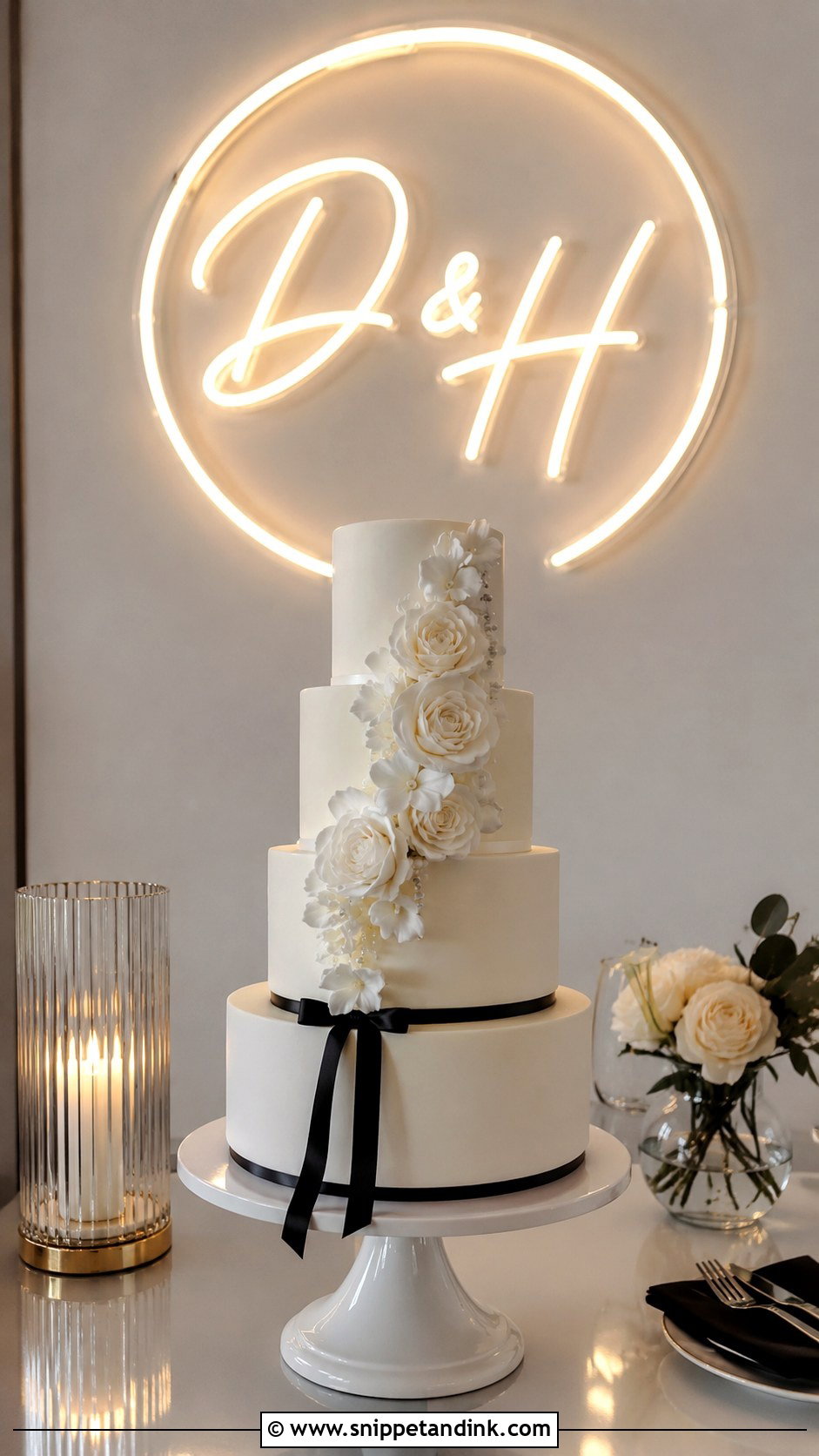 Wedding Cake Table With Neon Sign - Snippet and Ink - 20 How to Decorate a Wedding Cake Table