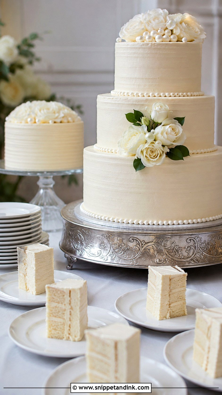 Wedding Cake With Kitchen Cake For Extra Servings - Snippet and Ink - 25 Wedding Cake Size Guide