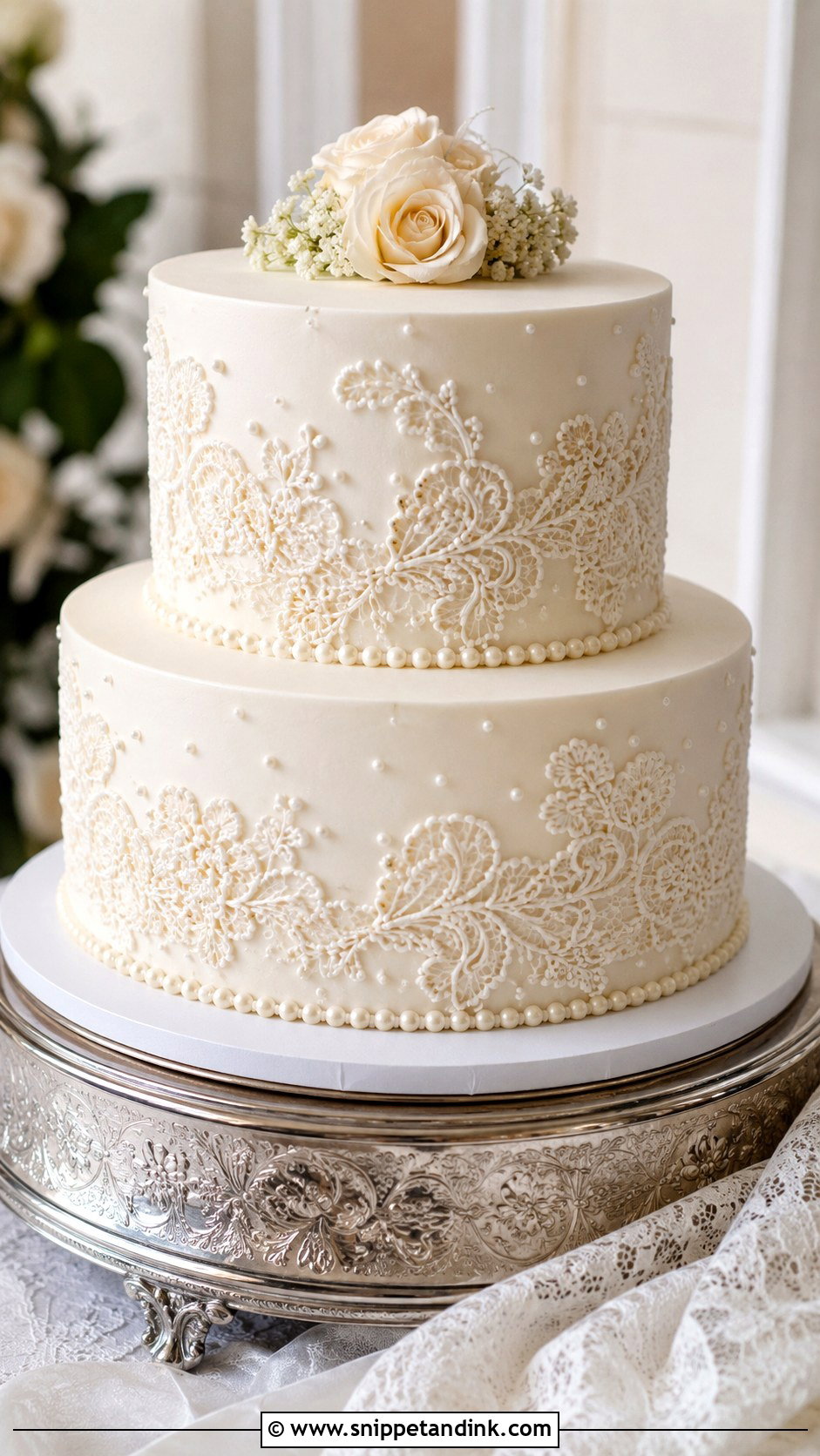 Wedding Cake With Lace Piping - Snippet and Ink - 25 Simple Wedding Cake Decoration Ideas