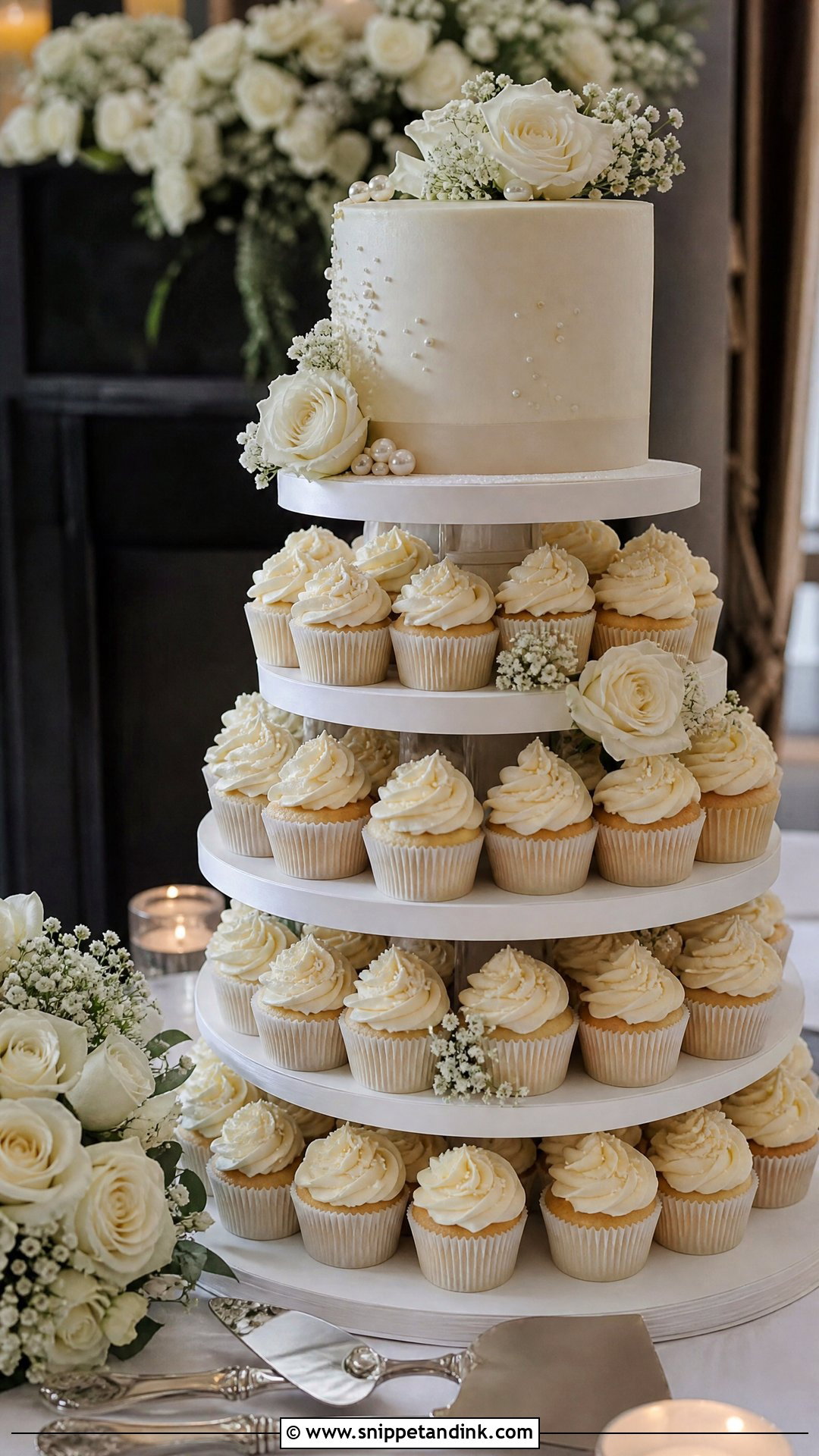 Wedding Cupcake Tower With Cutting Cake - Snippet and Ink - 20 Wedding Cakes with Cupcakes