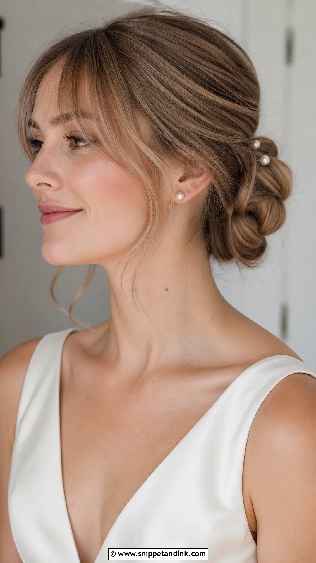 Wedding Low Bun With Wispy Fringe - Snippet and Ink - 20 Wedding Hair Fringe Ideas