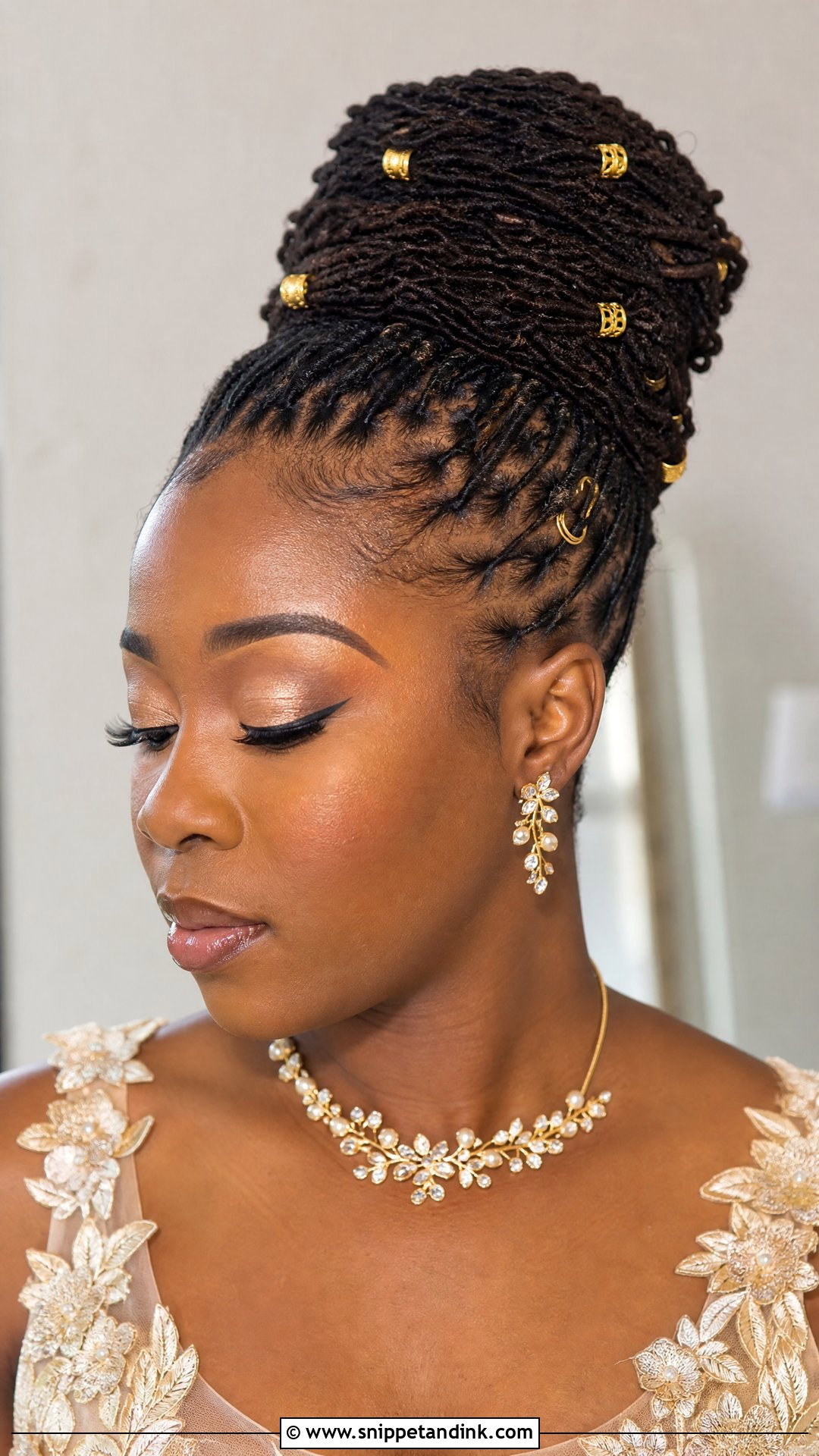 Wedding Microlocs Bun With Gold Cuffs - Snippet and Ink - 20 Wedding Microlocs Hairstyles