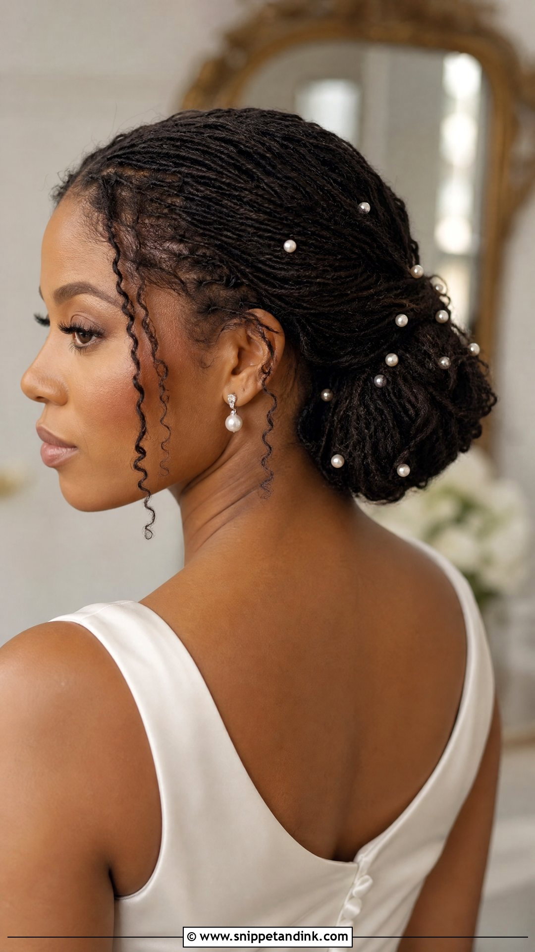 Wedding Microlocs Bun With Pearl Pins - Snippet and Ink - 20 Wedding Microlocs Hairstyles