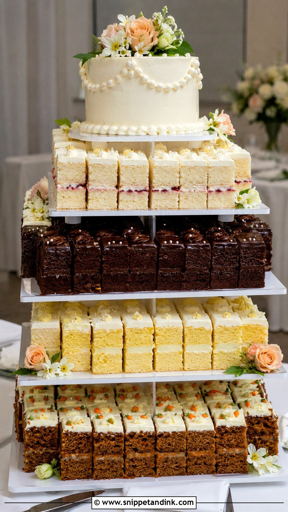 Wedding Sheet Cake Tower - Snippet and Ink - 20 Wedding Cake Tower Ideas