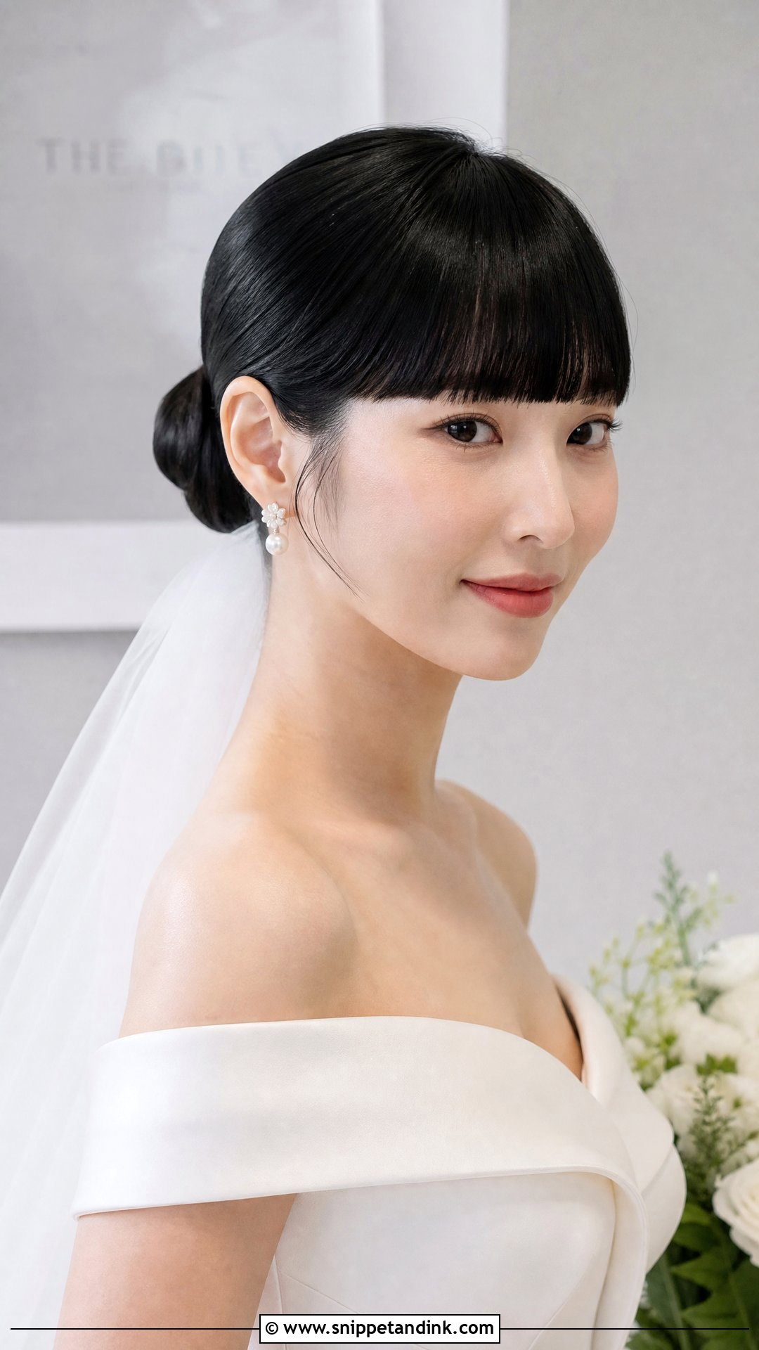 Wedding Sleek Bun With Blunt Fringe - Snippet and Ink - 20 Wedding Hair Fringe Ideas