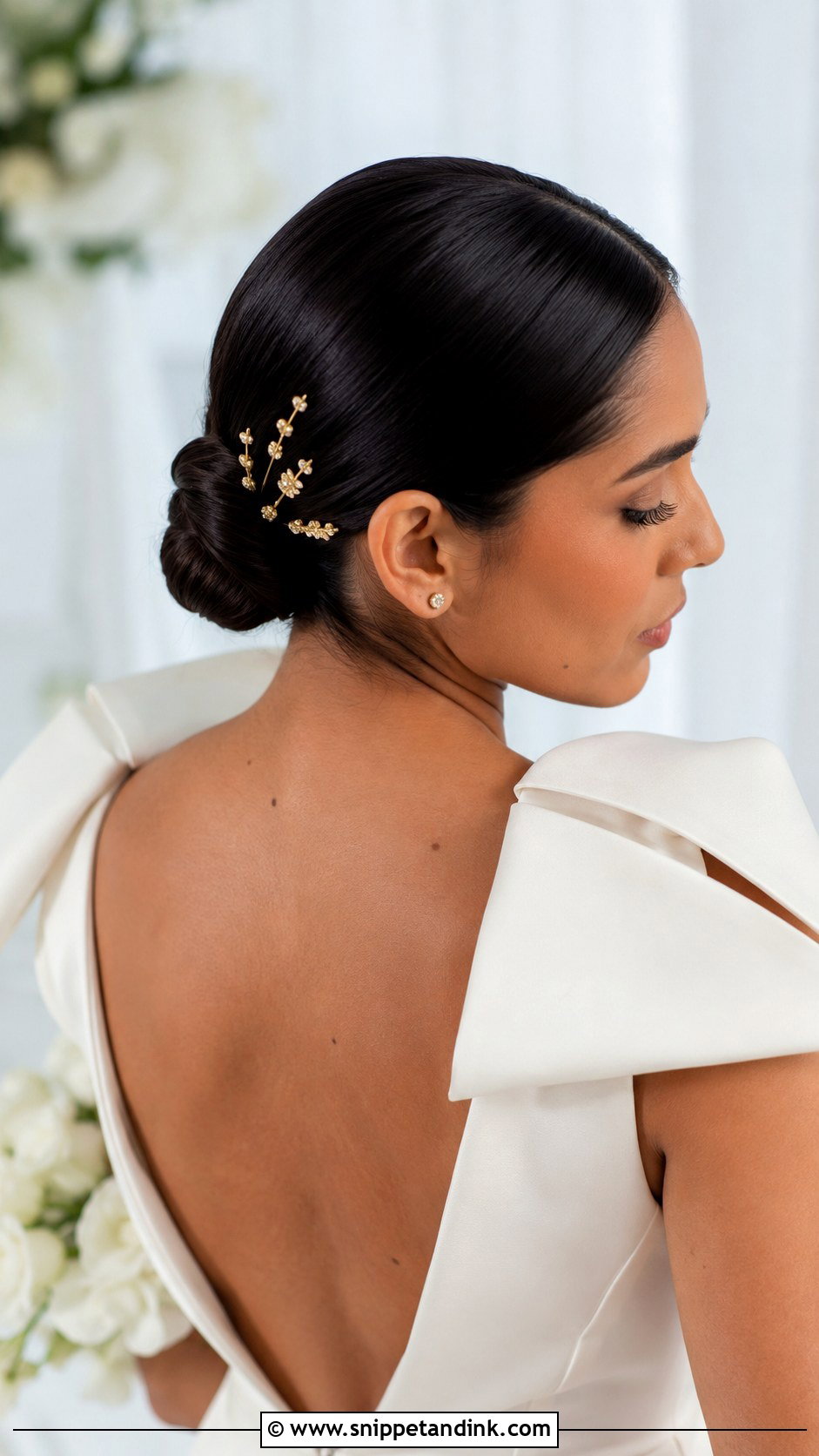 Wedding Sleek Bun With Gold Hair Pins - Snippet and Ink - 15 Wedding Hair with Accessories