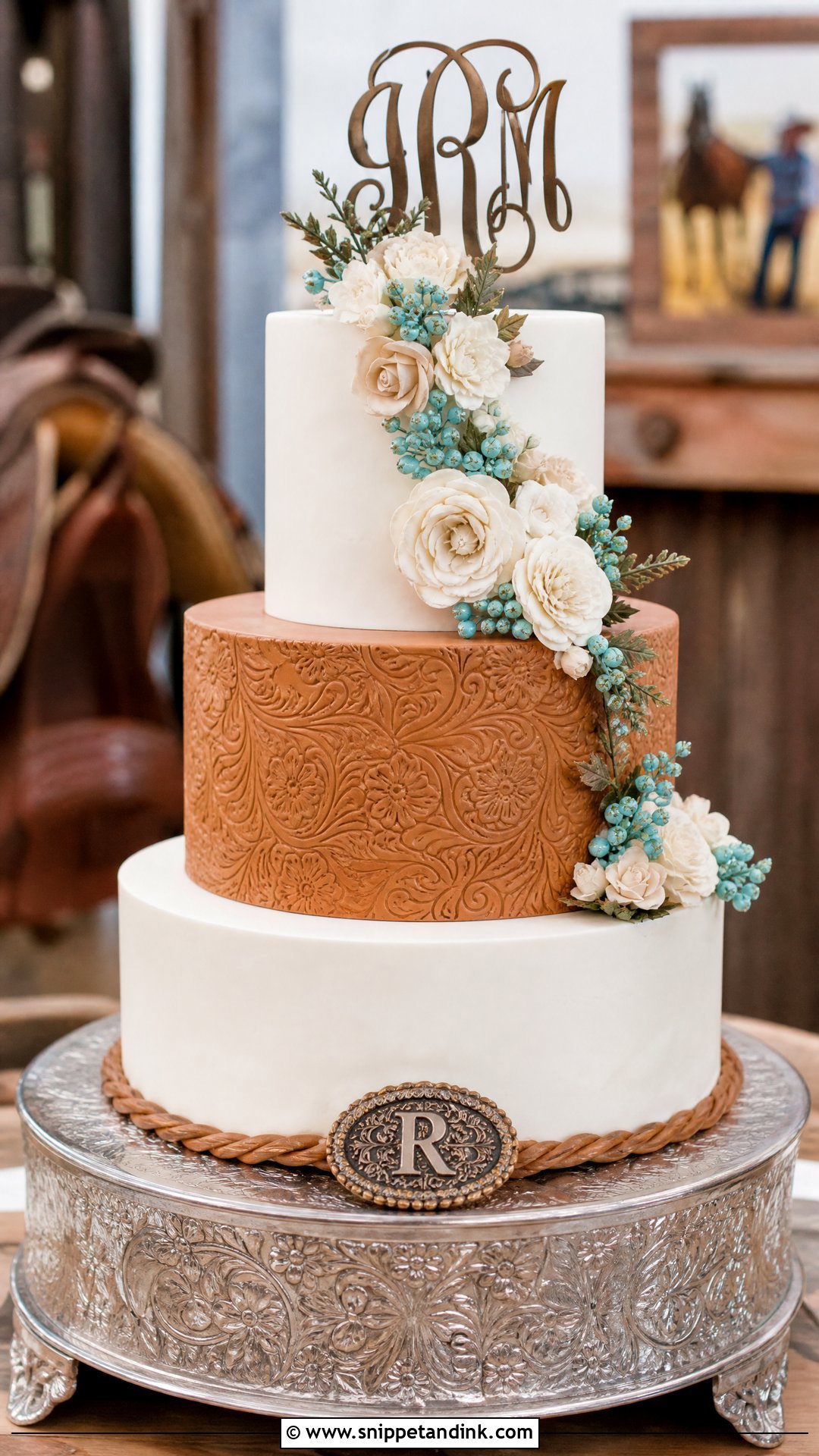 Western Wedding Cake With Tooled Leather - Snippet and Ink - 30 Western Cake Ideas for Wedding