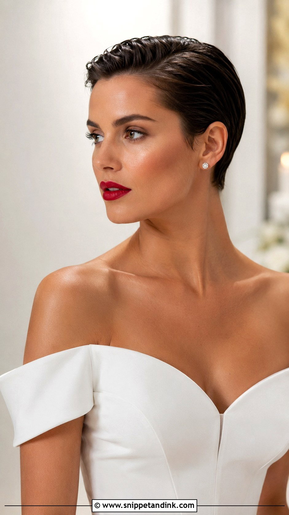 Wet Look Pixie With Bold Lips - Snippet and Ink - 35 Short Hair Wedding Styles