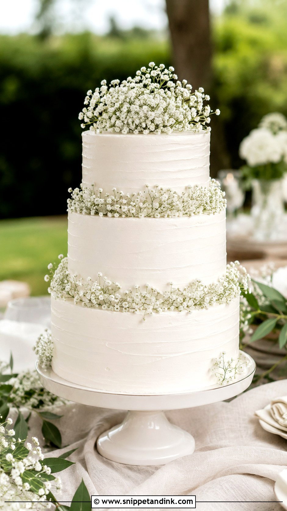 White 3 Tier Wedding Cake With Babys Breath - Snippet and Ink - 25 Simple White 3 Tier Wedding Cake Ideas