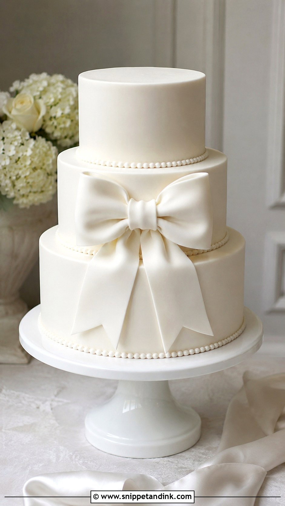 White 3 Tier Wedding Cake With Bow - Snippet and Ink - 25 Simple White 3 Tier Wedding Cake Ideas