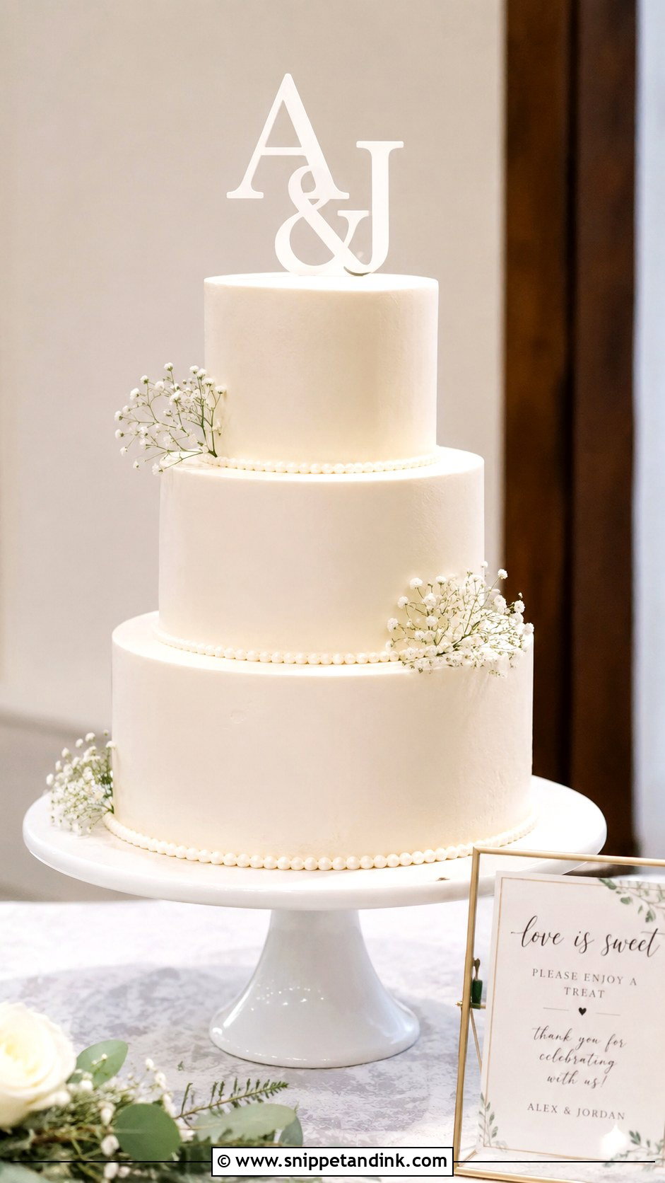 White 3 Tier Wedding Cake With Cake Topper - Snippet and Ink - 25 Simple White 3 Tier Wedding Cake Ideas