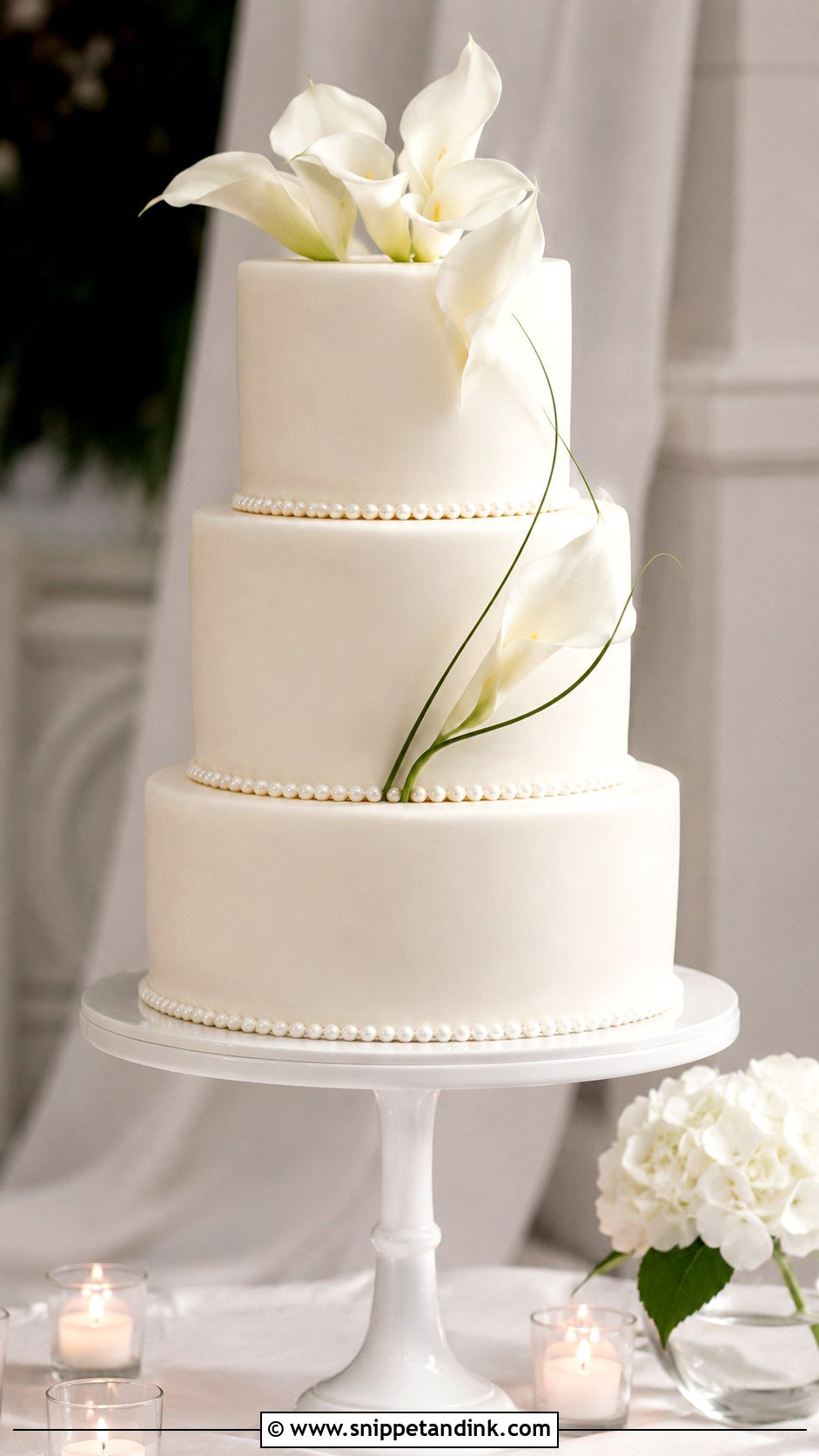 White 3 Tier Wedding Cake With Calla Lilies - Snippet and Ink - 25 Simple White 3 Tier Wedding Cake Ideas