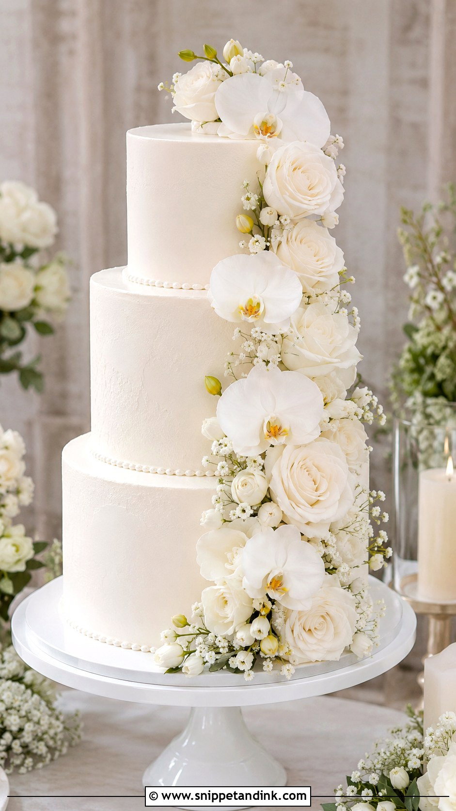 White 3 Tier Wedding Cake With Cascading Flowers - Snippet and Ink - 25 Simple White 3 Tier Wedding Cake Ideas