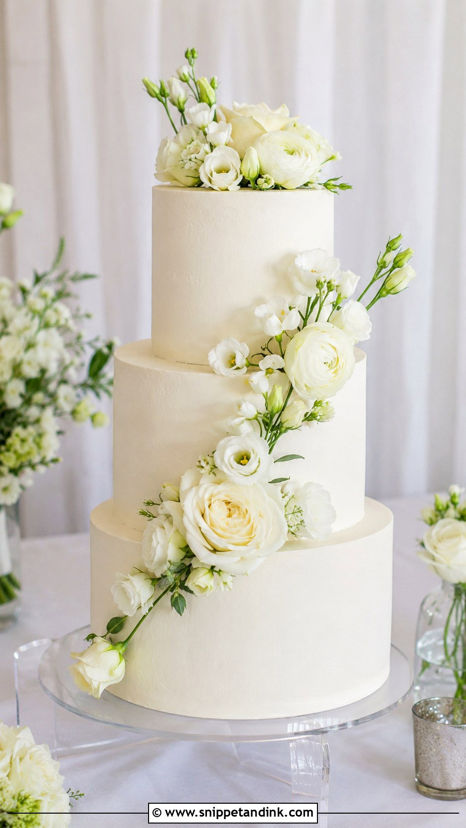 White 3 Tier Wedding Cake With Fresh Flowers - Snippet and Ink - 25 Simple White 3 Tier Wedding Cake Ideas