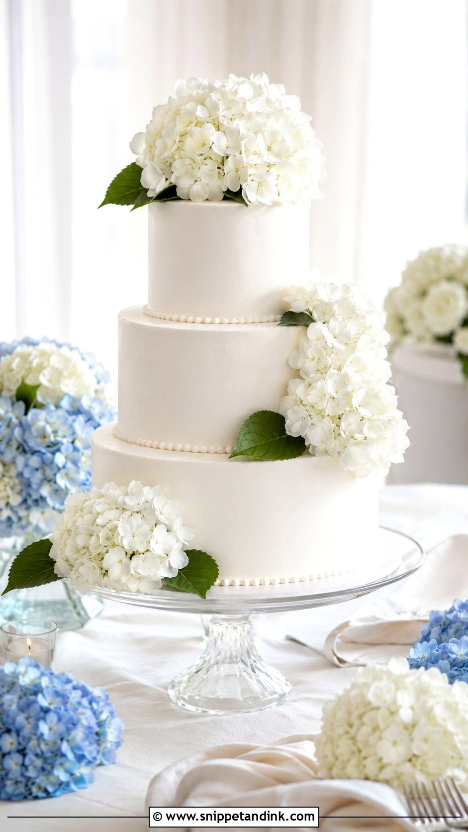White 3 Tier Wedding Cake With Hydrangeas - Snippet and Ink - 25 Simple White 3 Tier Wedding Cake Ideas