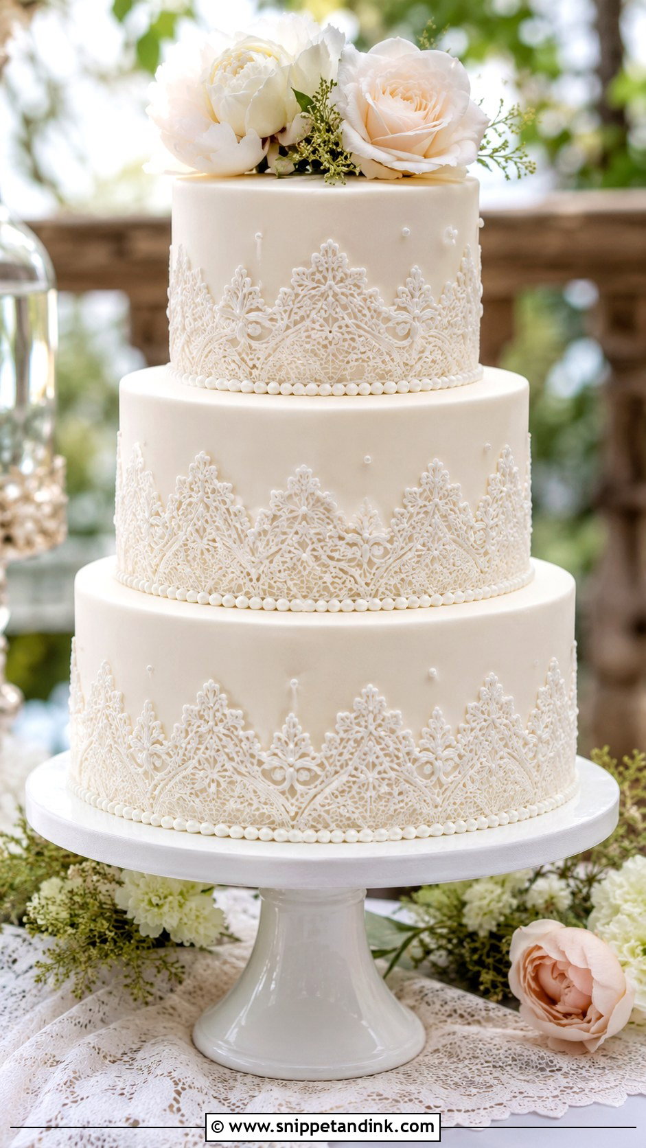 White 3 Tier Wedding Cake With Lace Piping - Snippet and Ink - 25 Simple White 3 Tier Wedding Cake Ideas