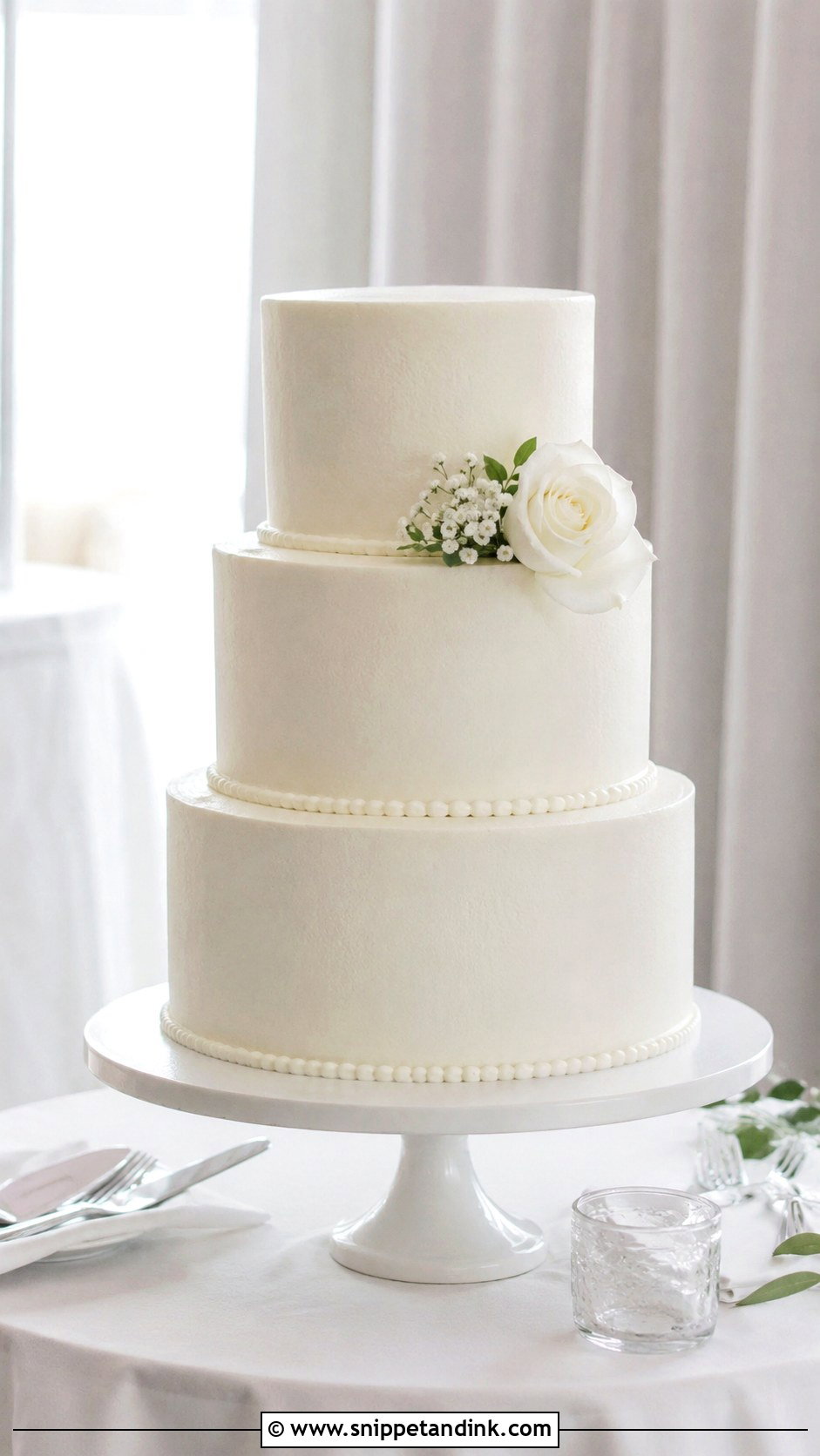 White 3 Tier Wedding Cake With Minimal Flowers - Snippet and Ink - 25 Simple White 3 Tier Wedding Cake Ideas