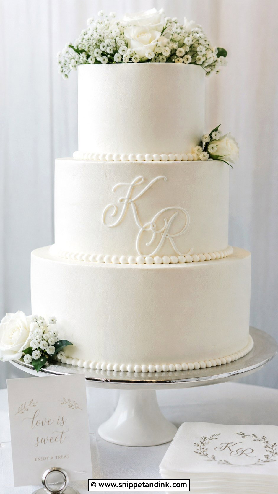 White 3 Tier Wedding Cake With Monogram - Snippet and Ink - 25 Simple White 3 Tier Wedding Cake Ideas