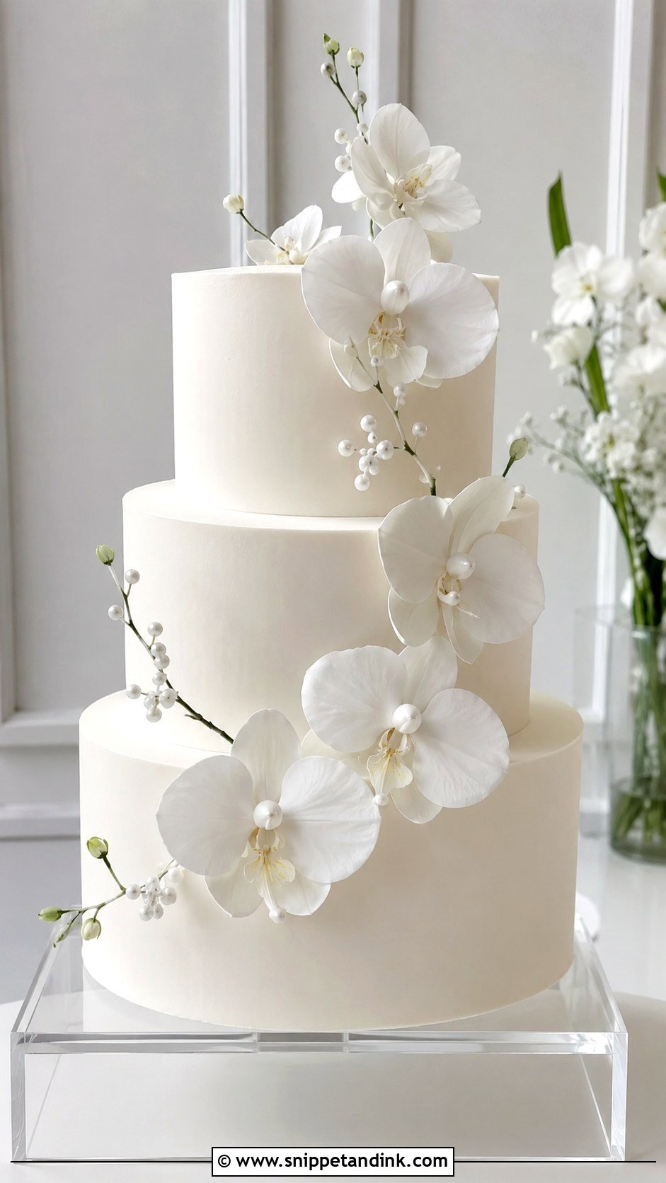White 3 Tier Wedding Cake With Orchid Flowers - Snippet and Ink - 25 Simple White 3 Tier Wedding Cake Ideas