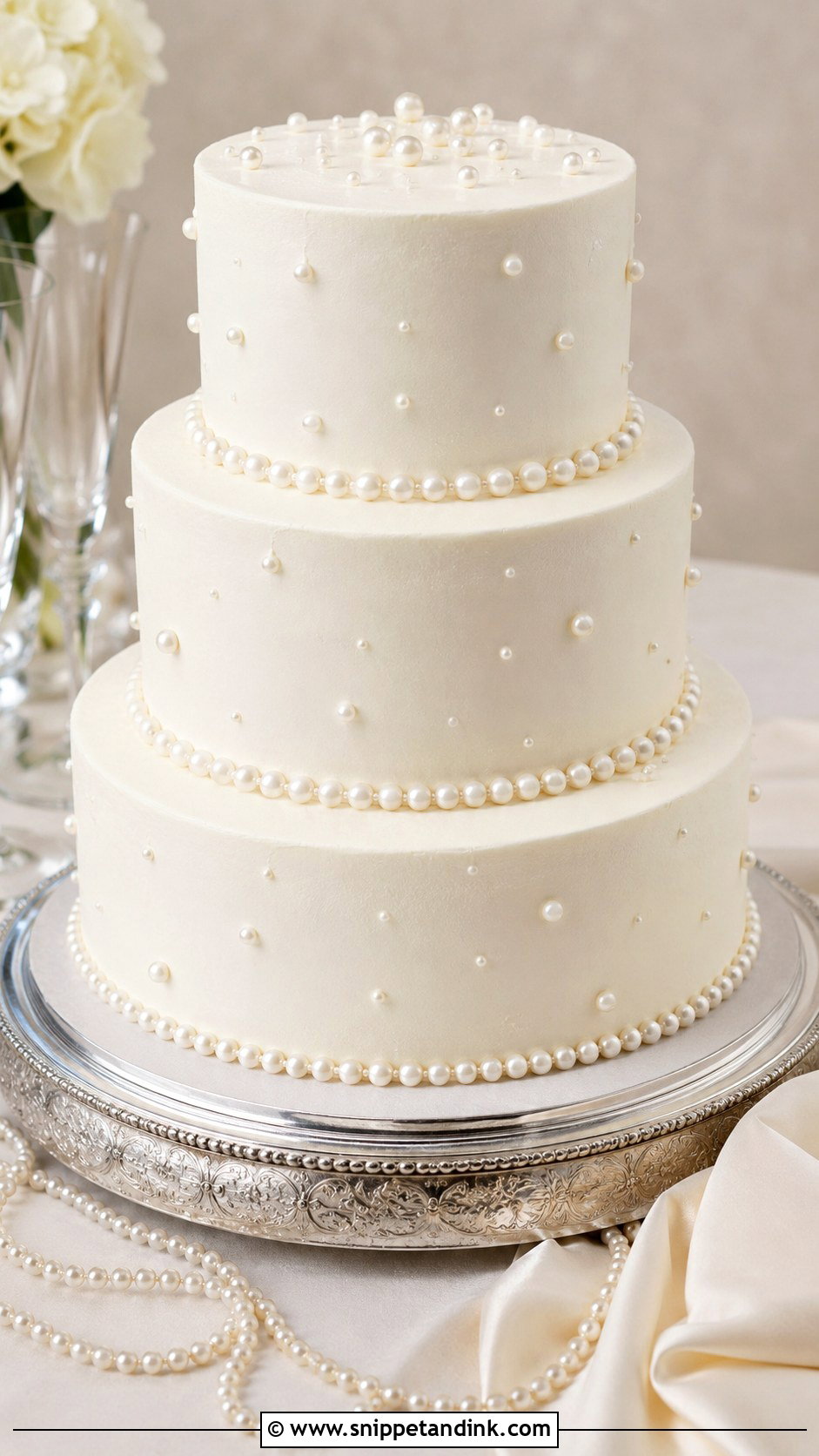 White 3 Tier Wedding Cake With Pearls - Snippet and Ink - 25 Simple White 3 Tier Wedding Cake Ideas