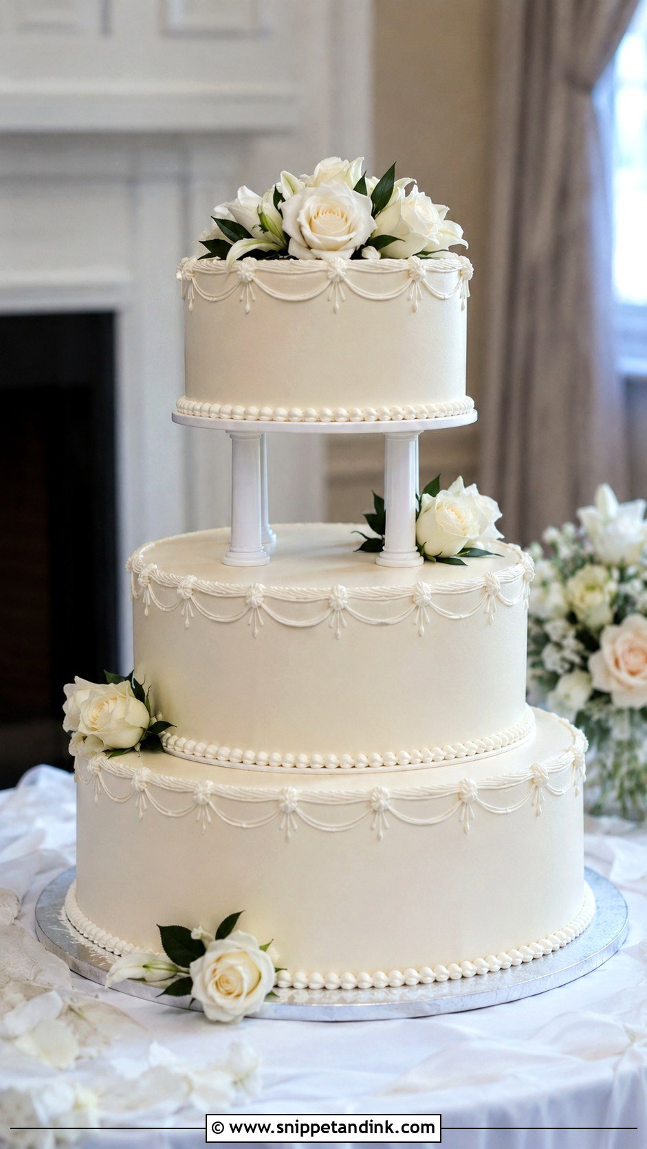 White 3 Tier Wedding Cake With Pillars - Snippet and Ink - 25 Simple White 3 Tier Wedding Cake Ideas